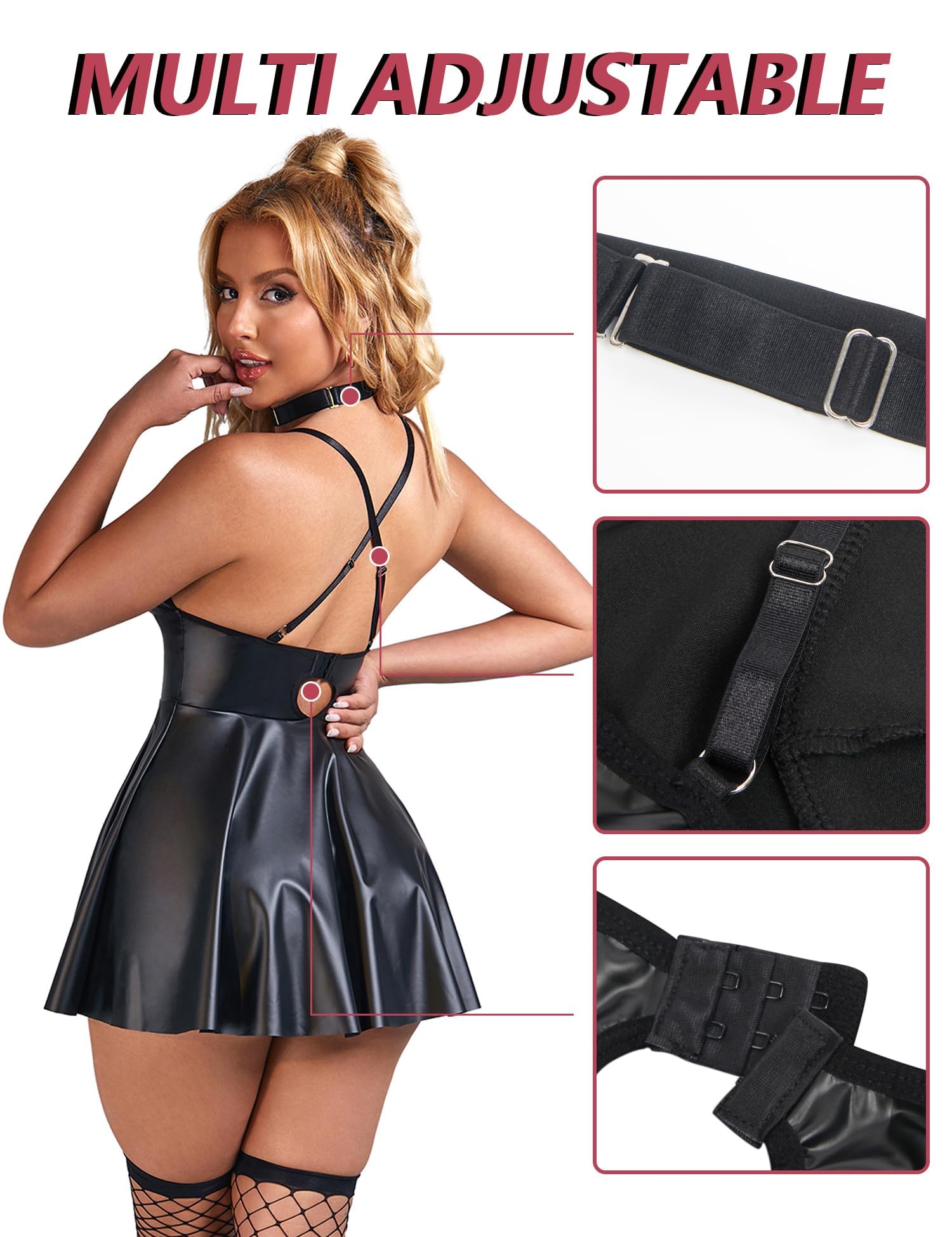 ohmydear Robe Femme Simili Cuir Mini Robe Skater Lingerie Serré Soir Décolleté en V Stretch Moulant PU Leather Club Libertin Grande Taille