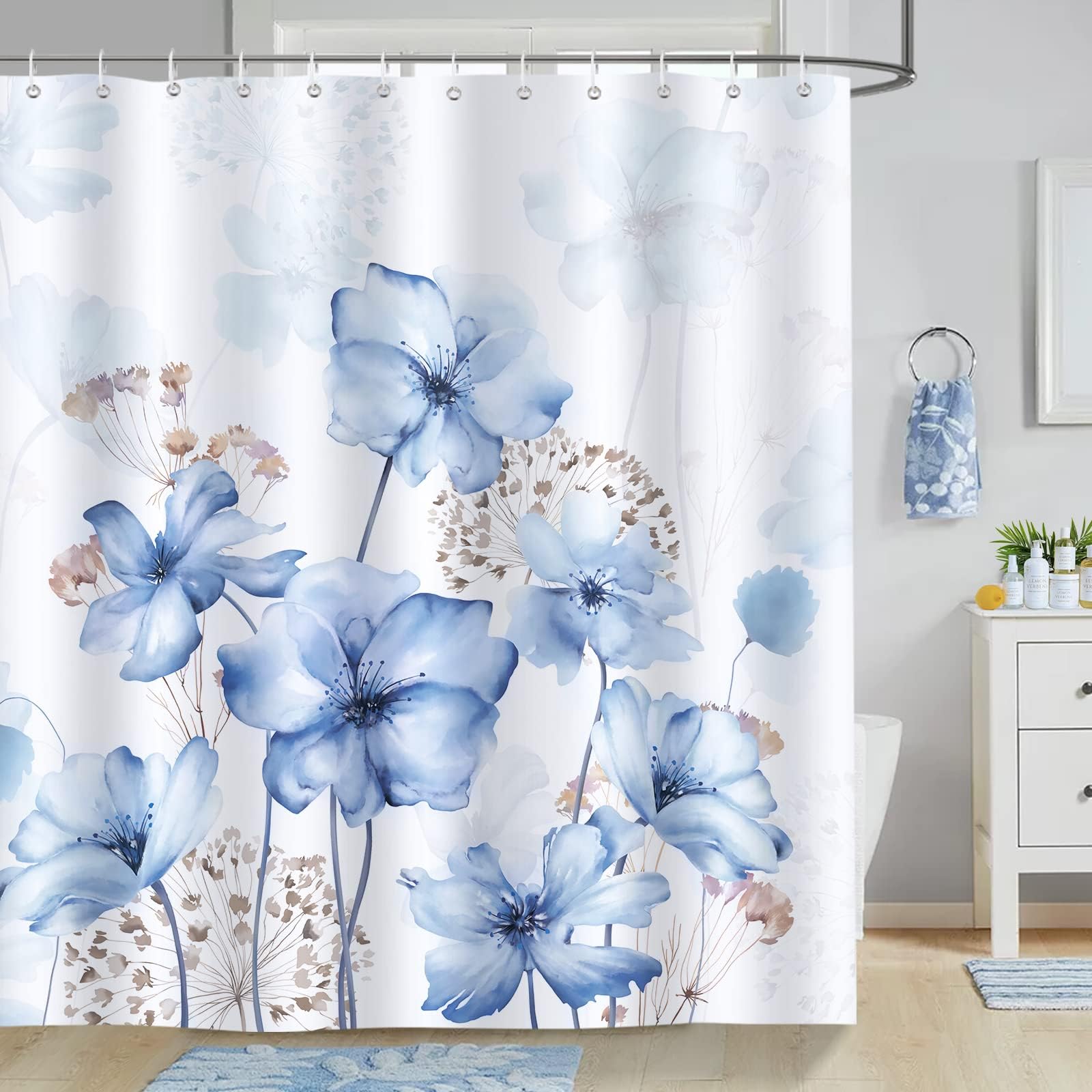 Sufancy Blue and Grey Shower Curtain, Watercolor Floral Bathroom Curtain Navy Blue