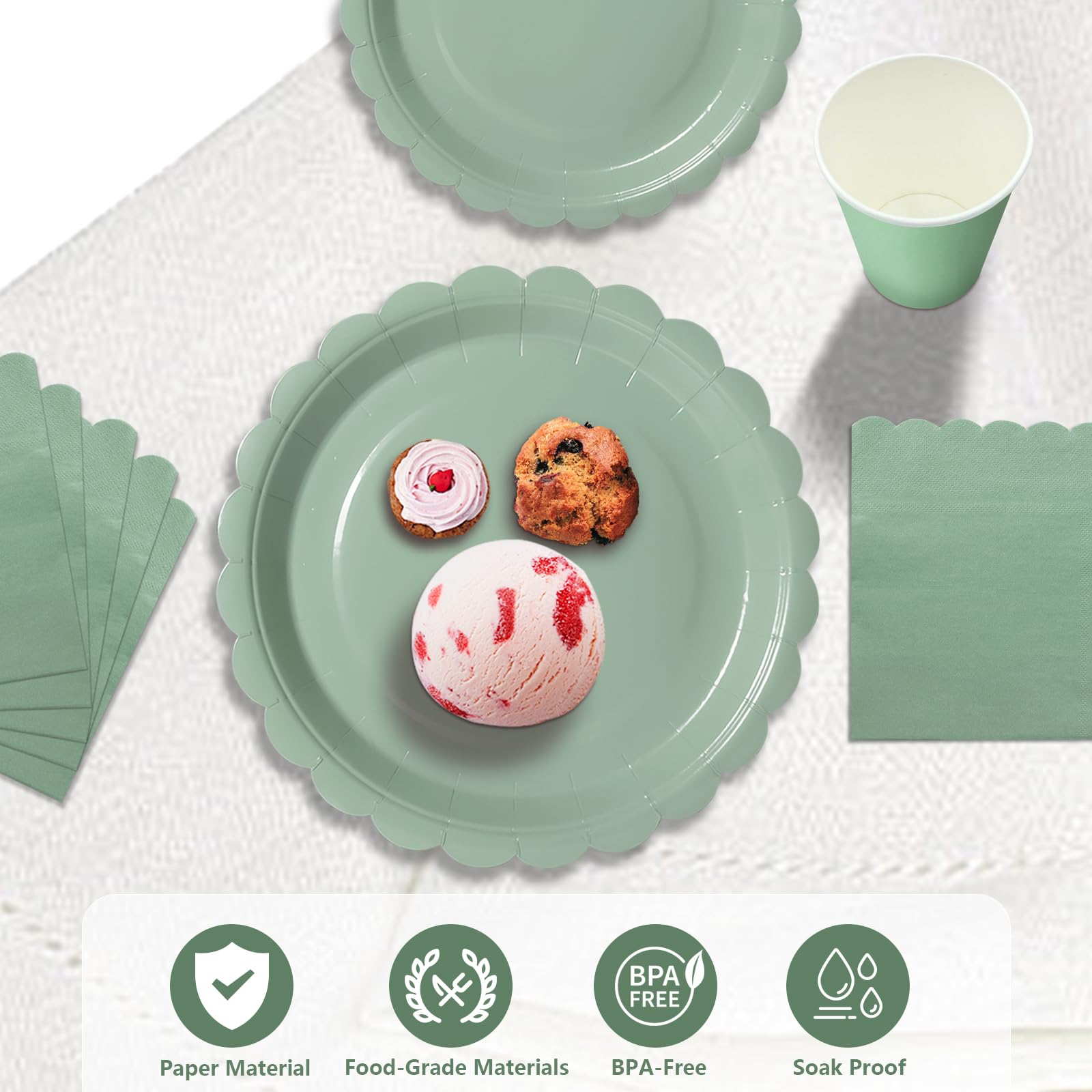 Lot Vaisselle Jetable Verte Pour 16 Personnes - 64 Pièces (assiettes, Dessert, Gobelets, Serviettes) - Fête, Anniversaire