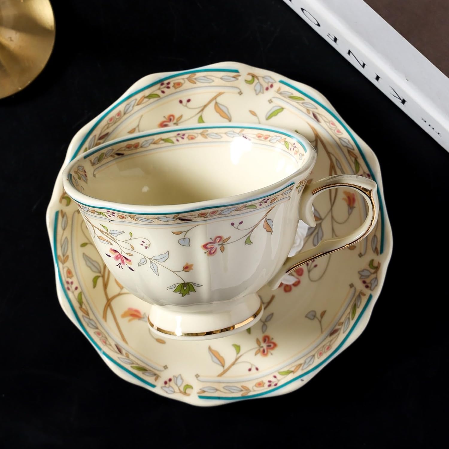 8 oz Vintage flower Ceramic cup and 6" saucer set with Brand customized stainless steel spoon Gifts for Afternoon Tea Coffee Hour (A) - Image 7