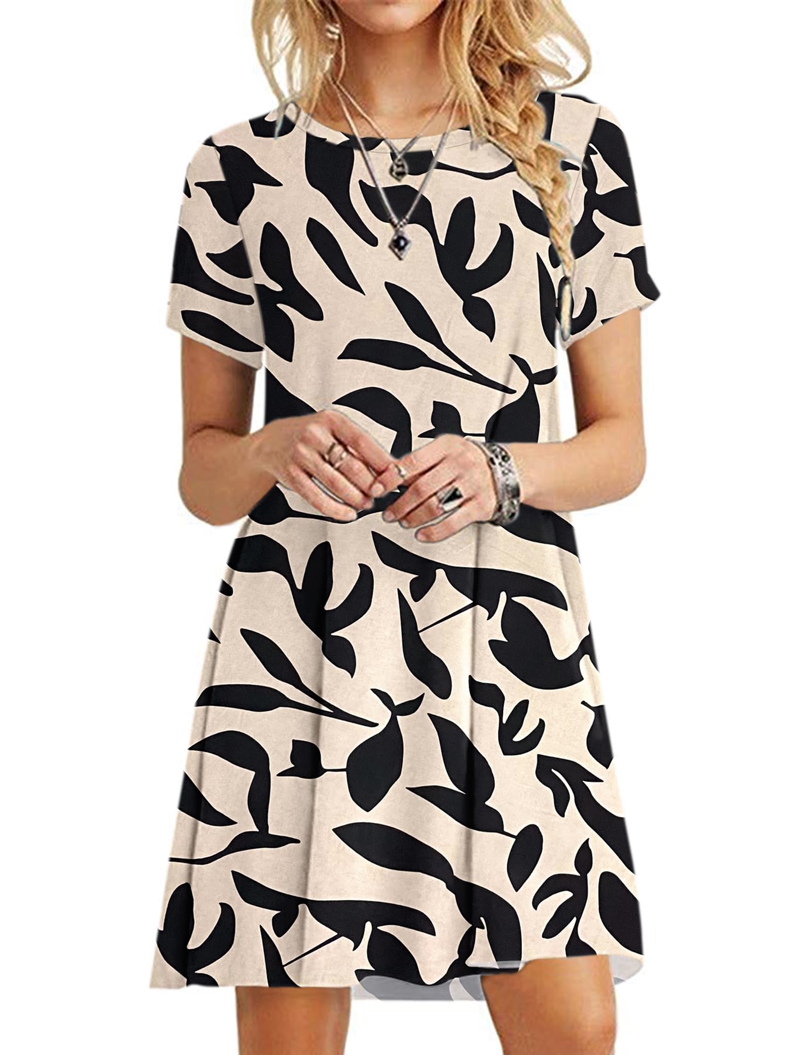 MOLERANI Women Dresses Summer Dresses for Women UK T-Shirt Dress Short Sleeve Ladies Beach Dress Apricot Black Leaf XL