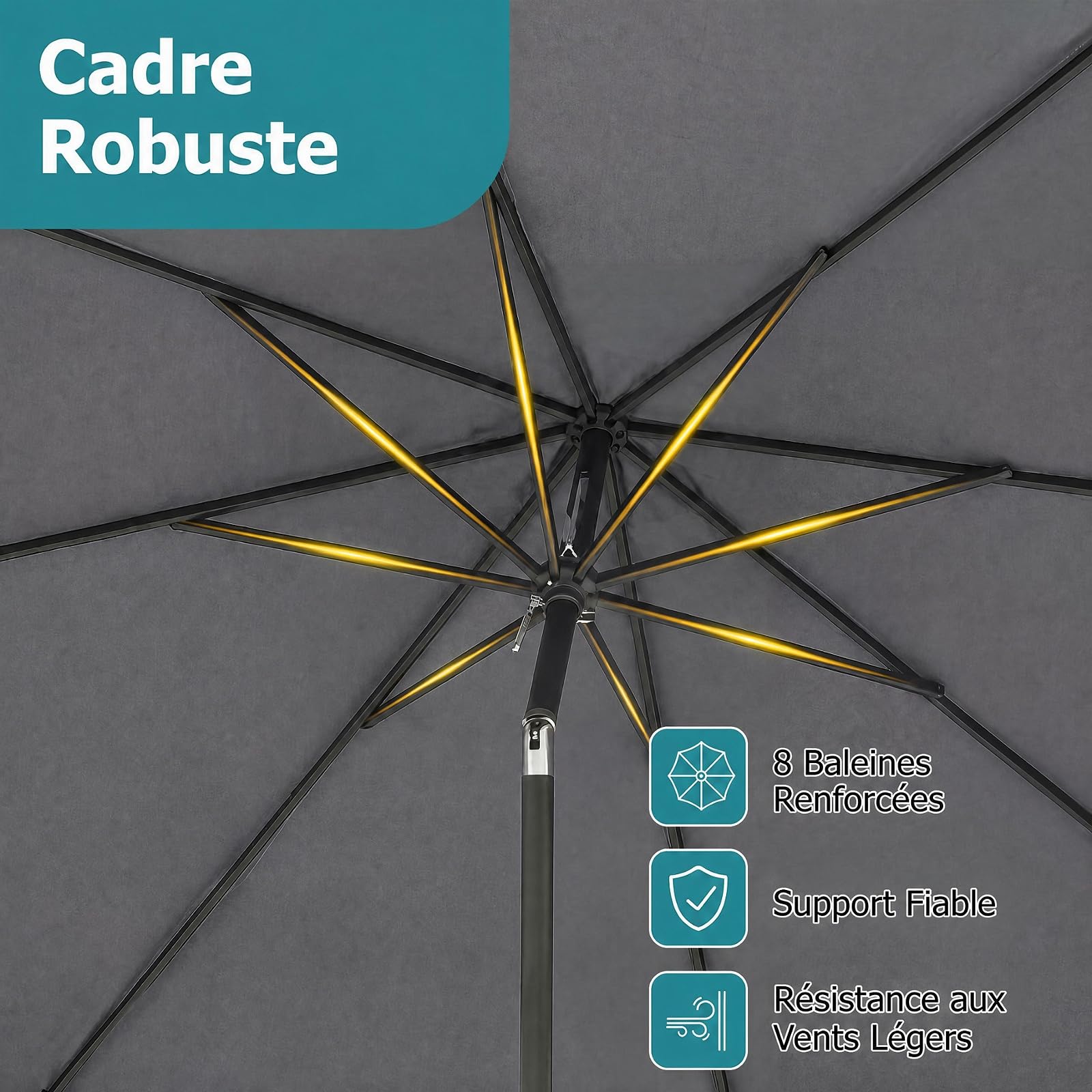 RELAX4LIFE 2,7M Parasol Inclinable à Volants pour Terrasse Balcon Piscine, Parasol de Jardin Extérieur à 8 Baleines, Protection UV, Polyester Résistant, Manivelle, Loquet de Sécurité, Attache (Gris)