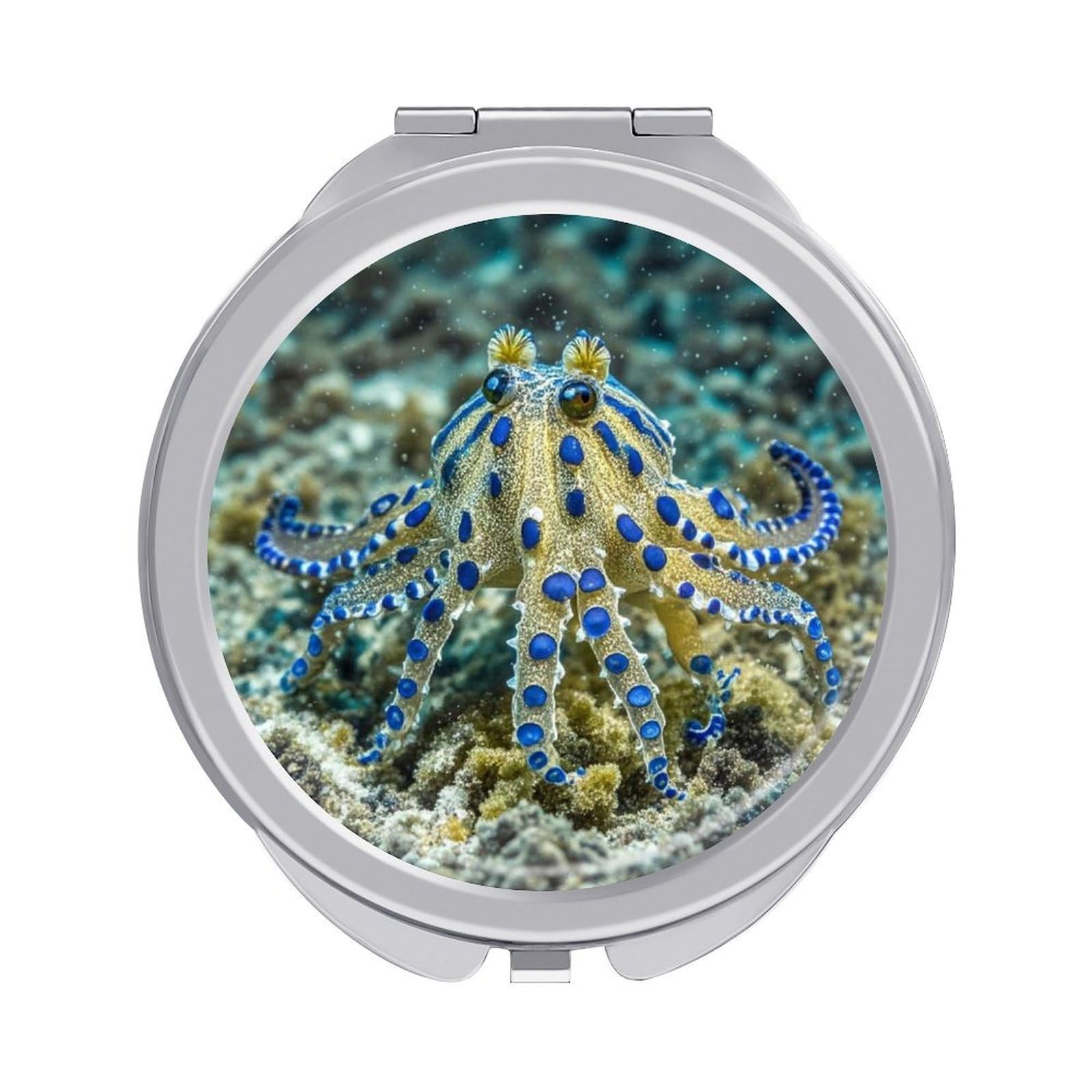 FekiLoot Blue Ringed Octopus Compact Mirror for Purse Portable Travel Makeup Mirrors Metal Magnifying Pocket Mirror Double Sided Small Handheld Mirrors for Women Travel Essentials