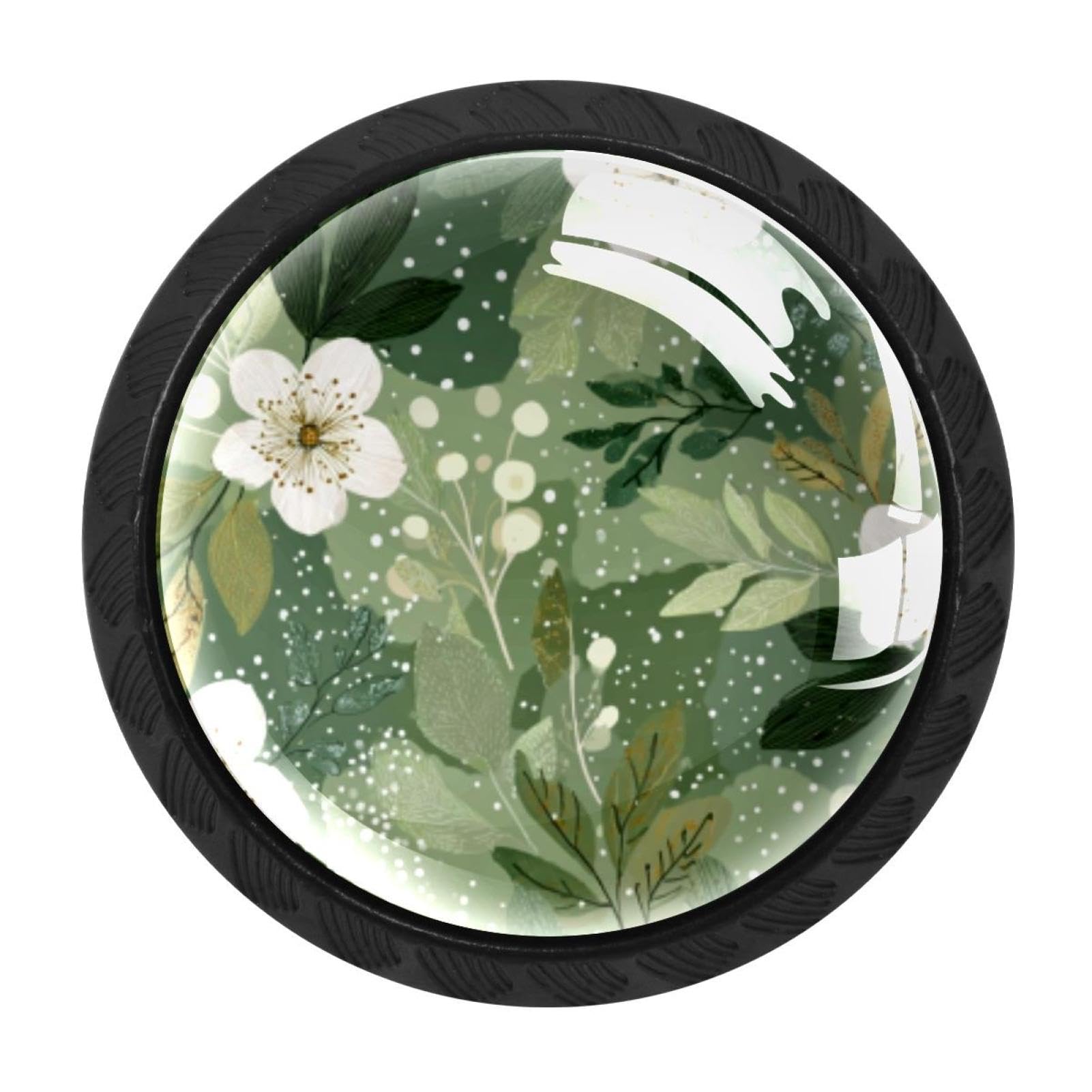 CHENZZZZ 4 Pack Black Sage Green Flowers Leaves Drawer Knobs, Cabinet Knobs Round Glass Knobs for Kitchen Cabinet Hardware Bathroom 35MM