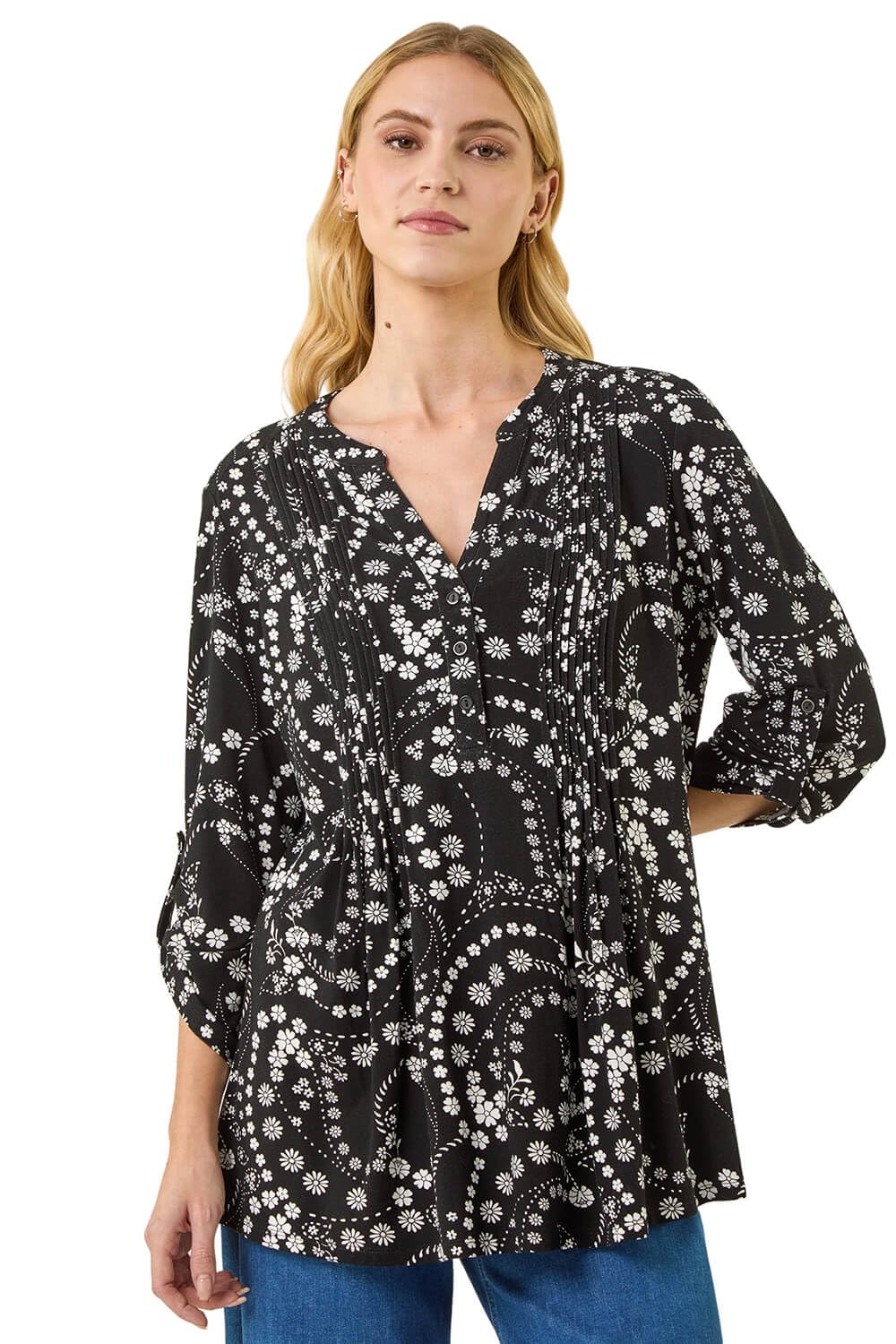 Roman Originals Women's Ditsy Black Pintuck Shirt For Jersey Blouse Collarless Top Flare Crinkle Notch Neck Tunic 3/4 Length Sleeve Longline Smart Casual Party Going Out - Size 18