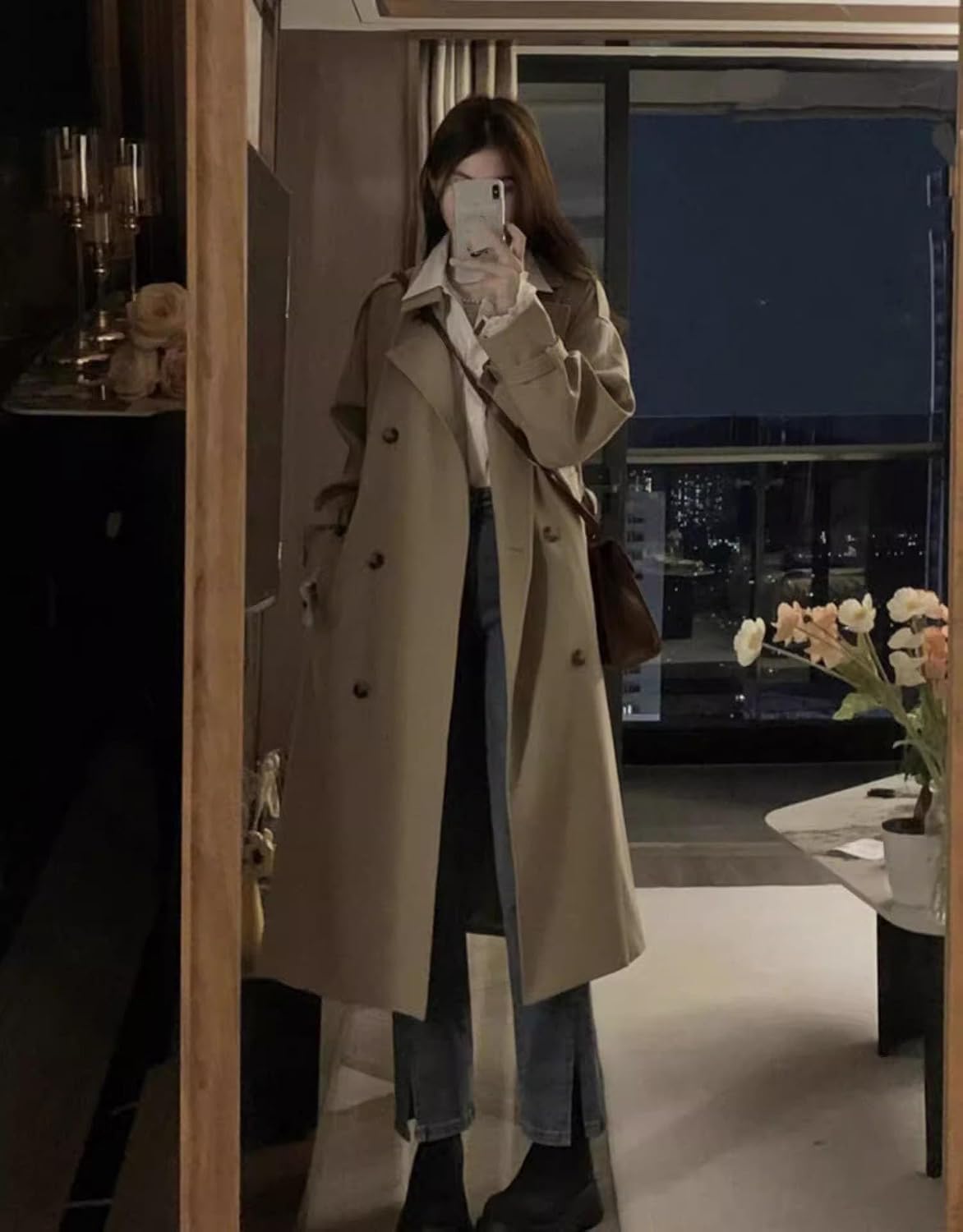 HSQIBAOER Women's Overcoats Khaki Spring Fall Long Trench Coat Korean Style Casual Jacket for Women