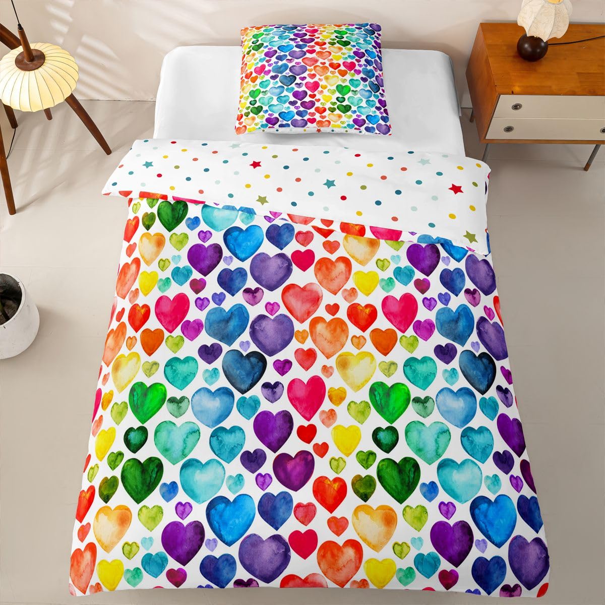 Homemissing Liebesherz Bettwäsche Pärchen Buntes Liebesherz Muster Bettwäsche 155x220 4teilig Regenbogen Herz Bettwäsche-Set 4-TLG., 2 Bettbezüge 155x220 cm und 2 Kissenbezüge 80X80 cm