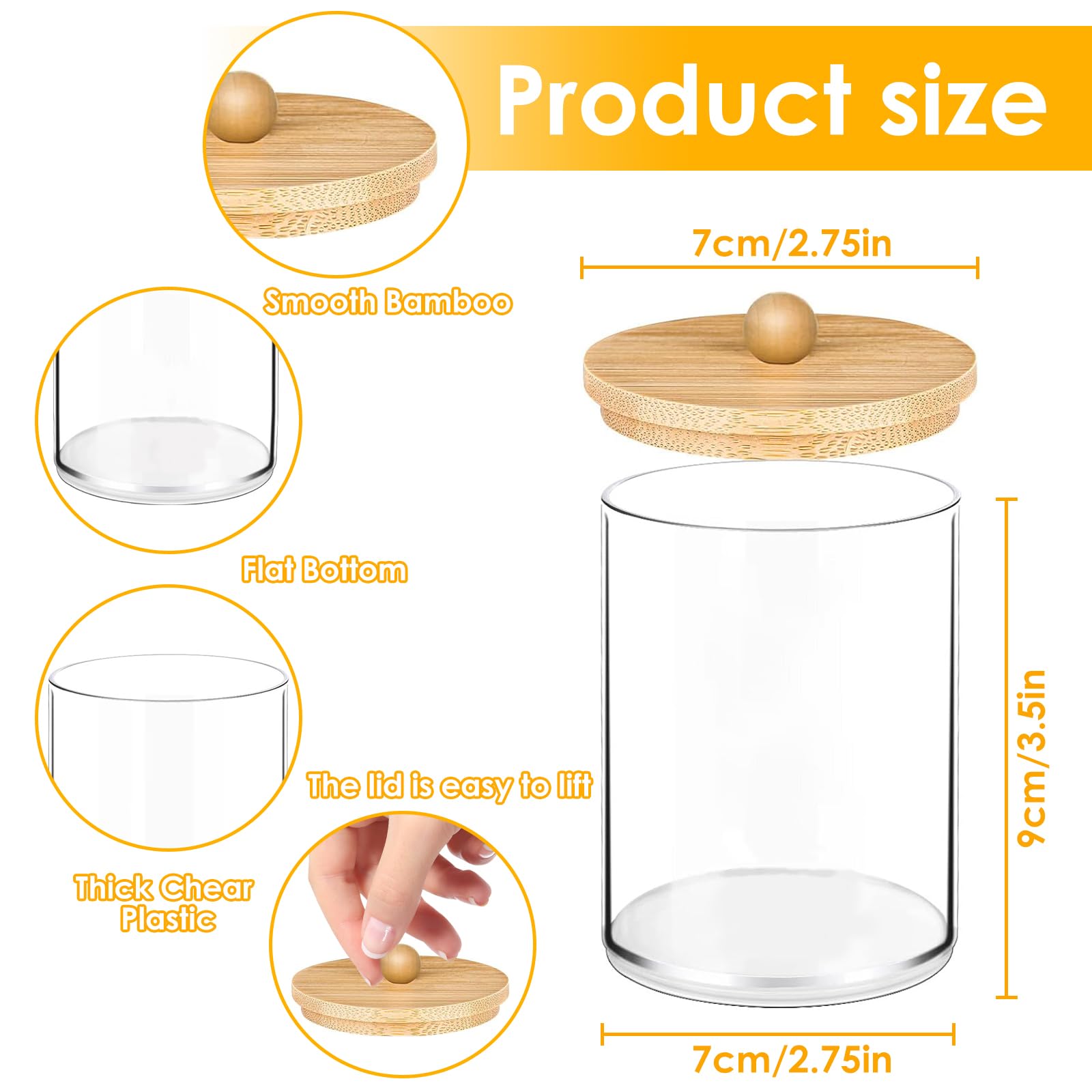 Lot de 4 boîtes à cotons-tiges en acrylique | Qtip | Boîte de rangement pour tampons de coton | Avec couvercles en bambou | Pour salon, chambre à coucher, salle de bain