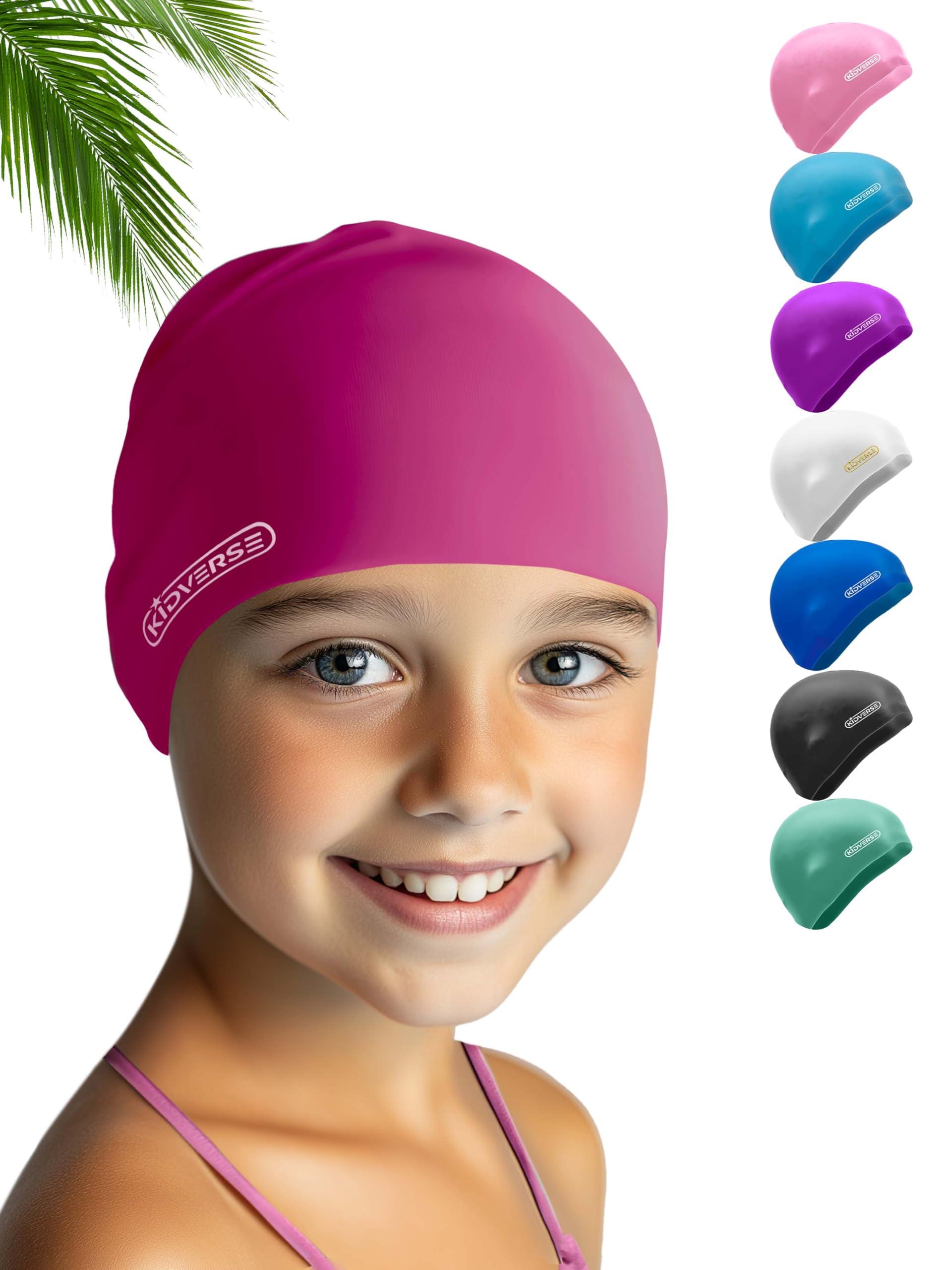 KIDVERSE Waterproof Kids Swimming Cap for Girls & Boys Swim Hat with Anti-Slip Grips - Comfortable Silicone Swim Cap Girls & Boys - Childrens Swimming Hat Kids with UV Protection