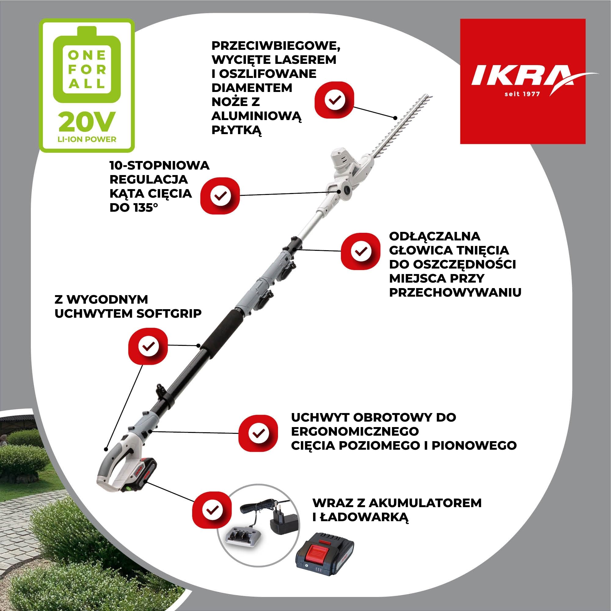 IKRA Nożyce akumulatorowe teleskopowe do żywopłotu ICPH 2040, 40 cm | Teleskop 220–275 cm: większy zasięg pracy, grubość cięcia 18 mm, akumulator 20 V 2,0 Ah, ładowarka i pas w komplecie