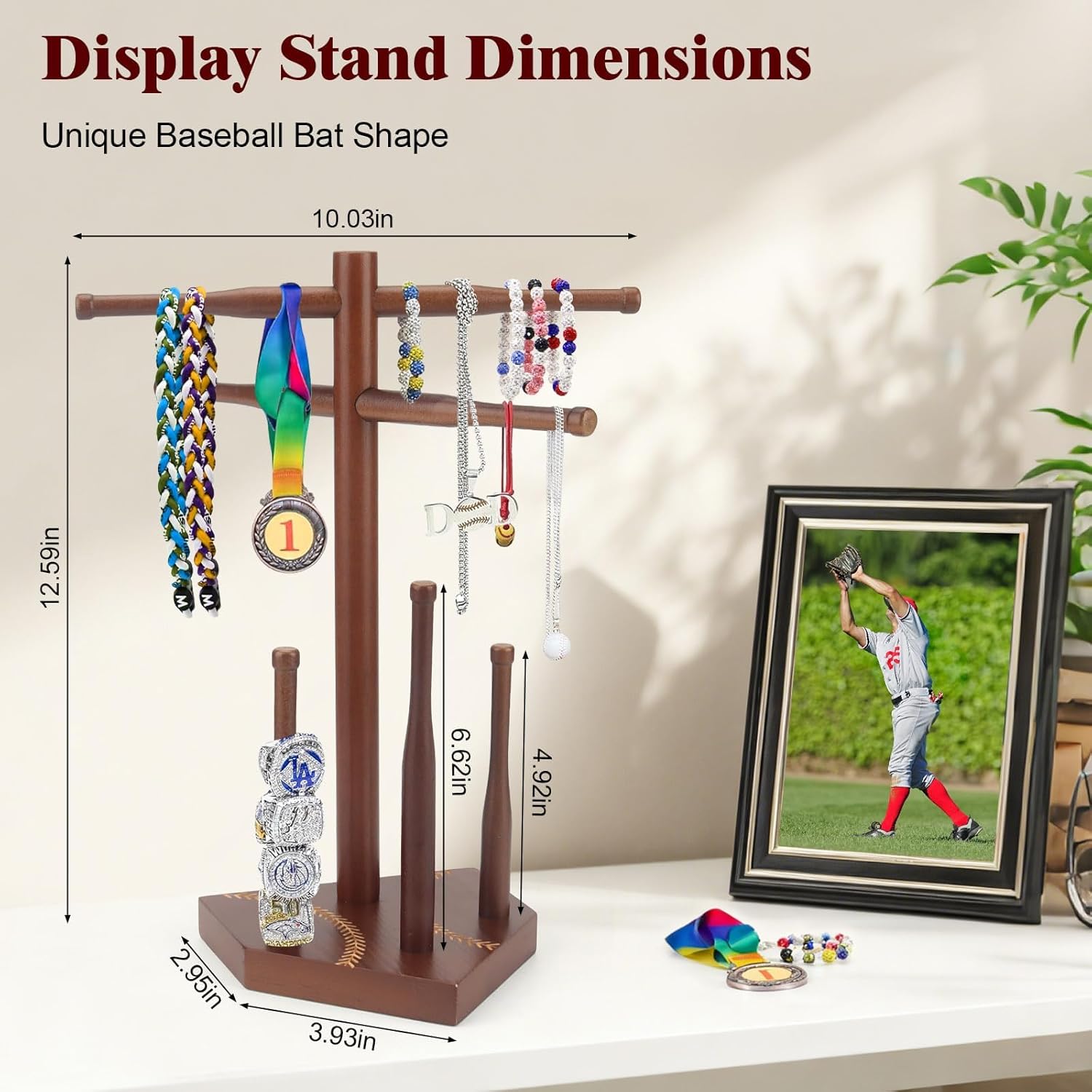 Wooden Baseball Drip Necklace Holder & Ring Display | Championship Ring Accessories Display Stand Necklace Organizer, Show Your Baseball Lifestyle for Players & Fans Gift Brown - Image 2