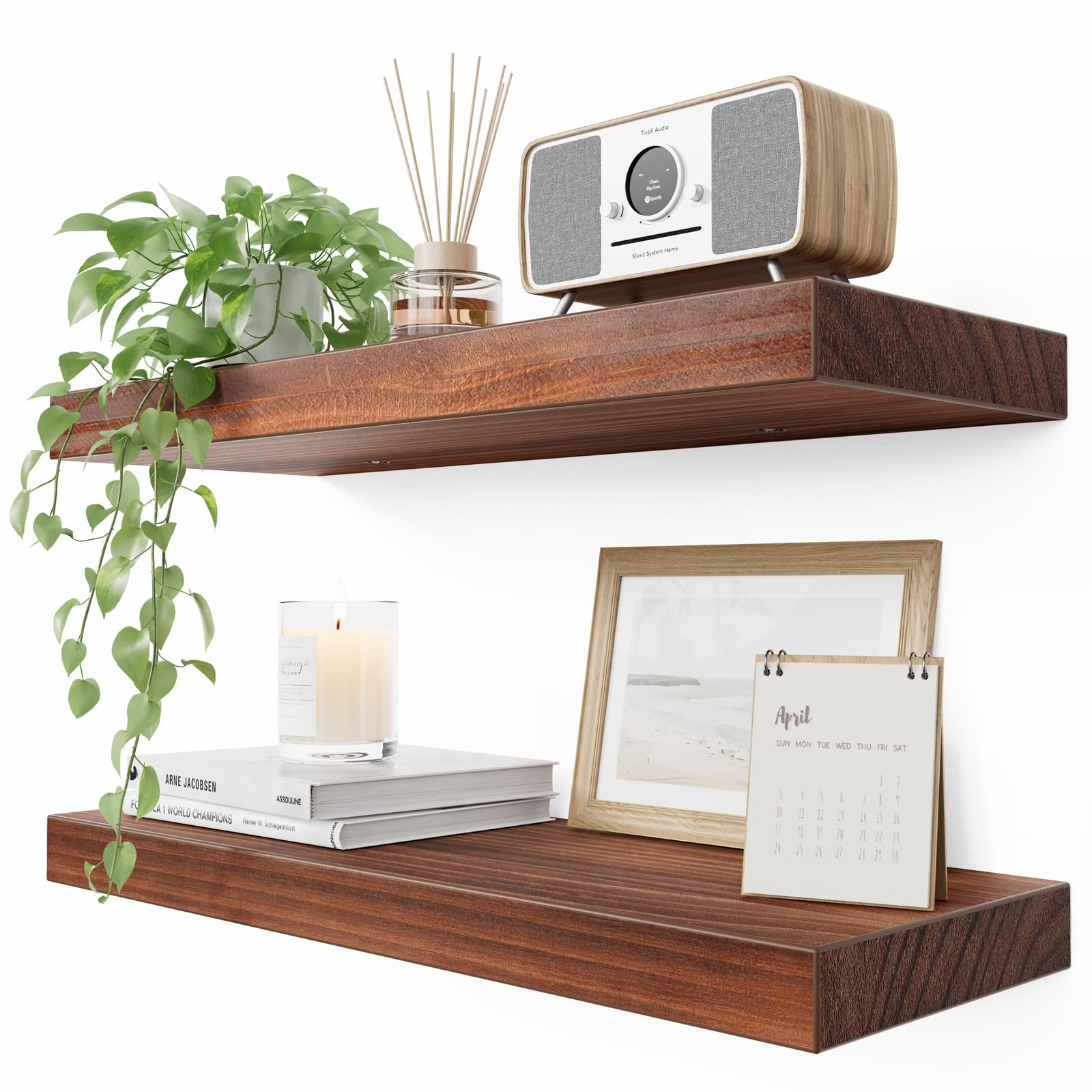 AMADA HOMEFURNISHING Pine Wood Floating Shelves, Solid Pine Wall Shelves with Enhanced One-Piece Brackets for Kitchen/Bathroom/Bedroom/Living Room/Office Storage, Shelves for Room Wall Decor, AMFS30WN