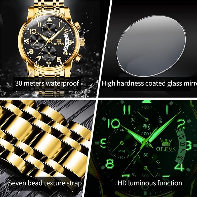 OLEVS Mens Watches Waterproof Stainless Steel Adjustable Bracelet Watch Quartz Analog Watch for Men Fashion Business Classic Mens's Wrist watch's Casual Watches Gold/Blue/Black/White/Face/Dial