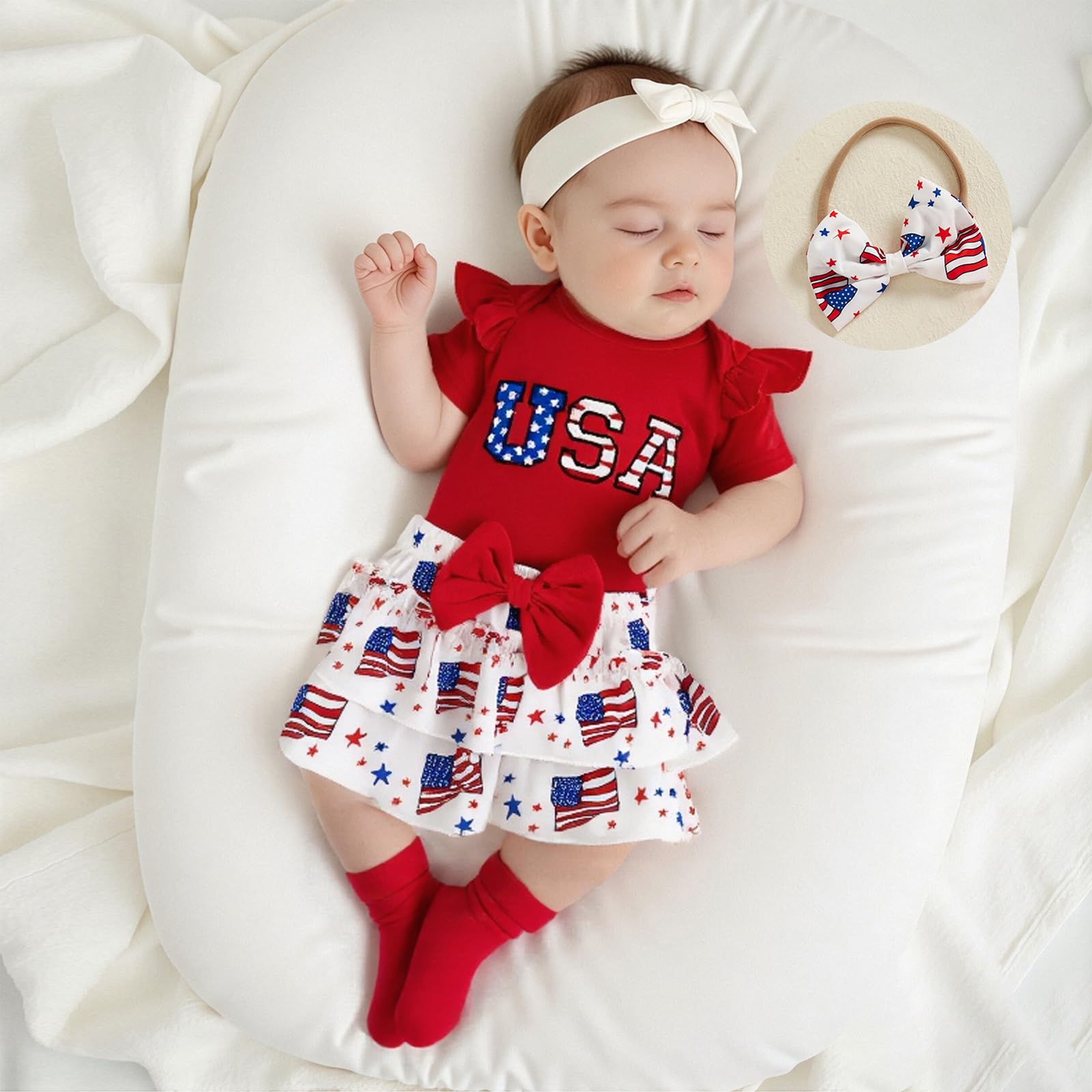 FIOMVA Baby 4th of July Outfit Girl My First 4th of July Letter Print Romper Onesie+Tutu Skirt Shorts Bloomers Headband Set (USA Red, 12-18 Months)