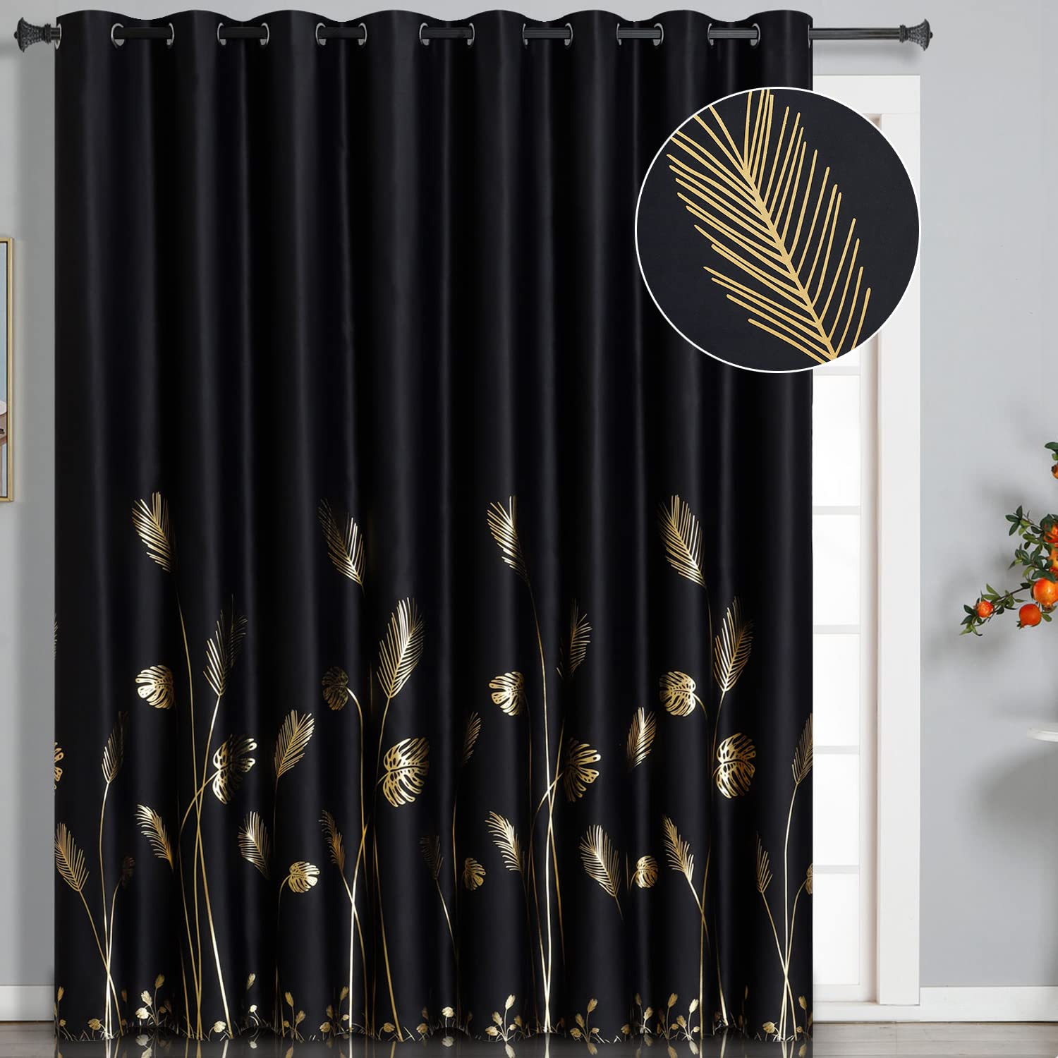 Estelar TextilerWide Blackout Curtain for Sliding Door 100W x 96L Inch Gold Print Palm Thermal Insulated Curtain Light Blocking Drape for Dining Room, 8.3ft Wide x 8ft Long, Black, 1 Panel