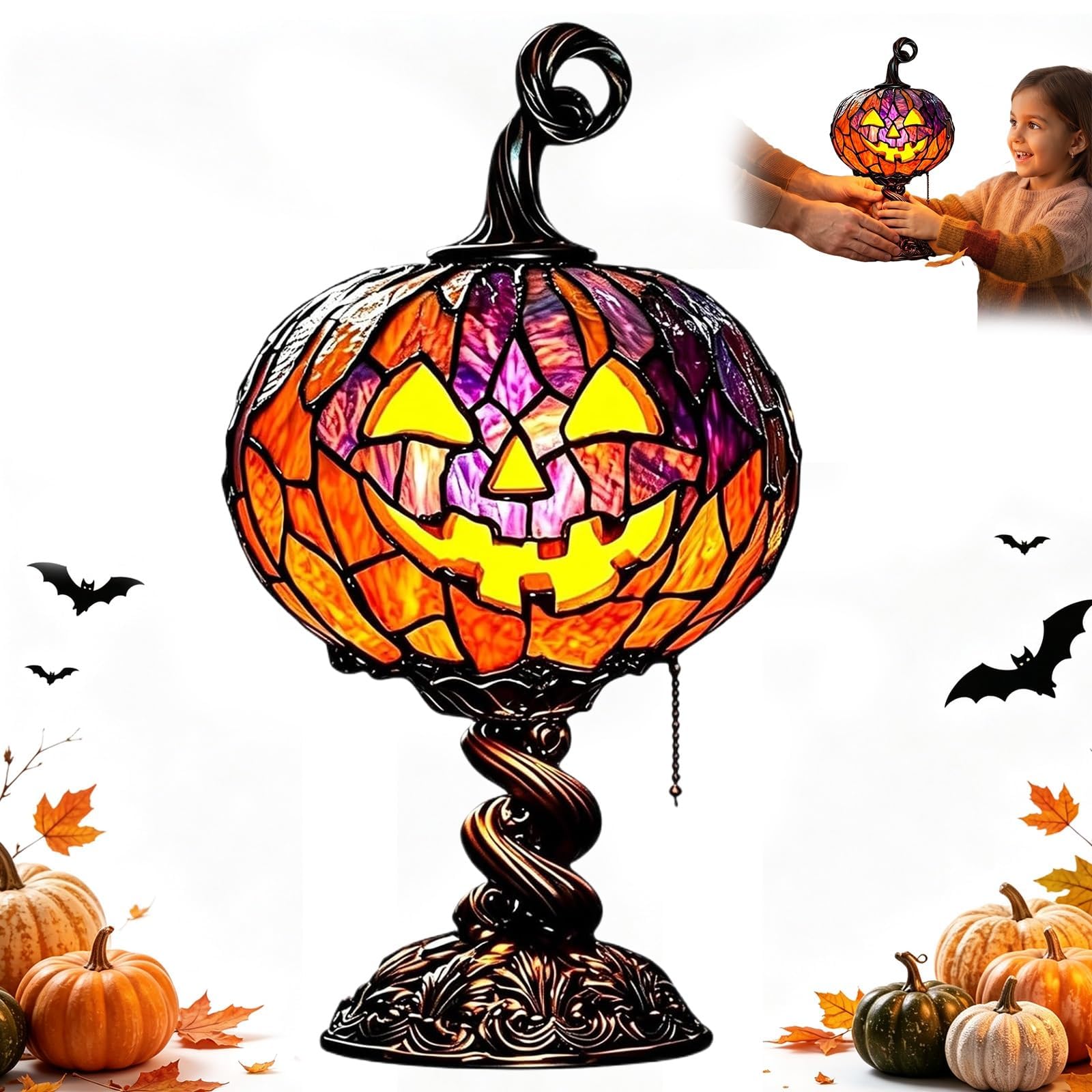 Stained Glass Halloween Pumpkin Table Lamp, Witches Hat Lamp