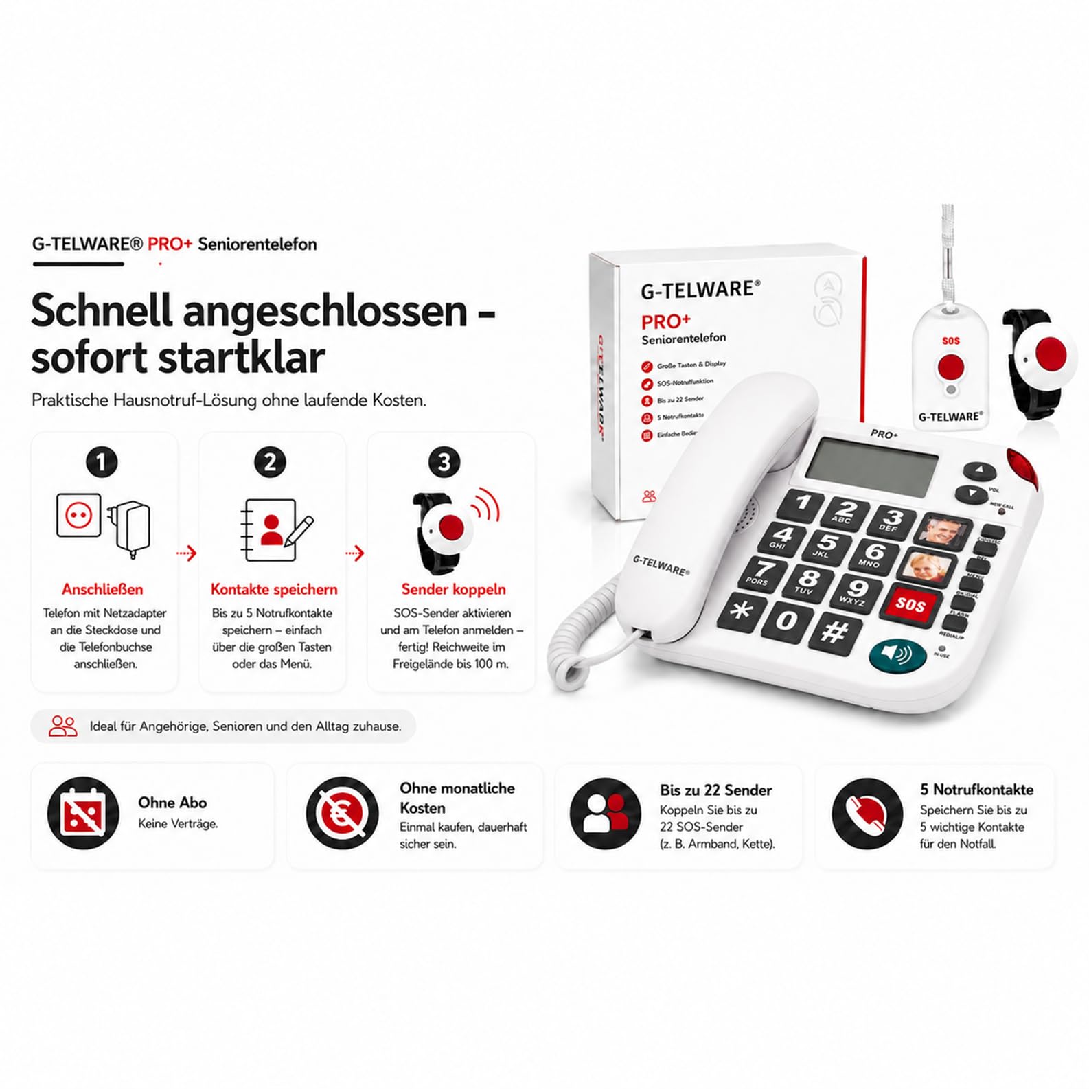 PRO+ (G-TELWARE®) 2023 – 2024, telefono di emergenza per anziani con trasmettitore radio SOS, telefono fisso – 1 trasmettitore con passante, grigio satinato, PRO+