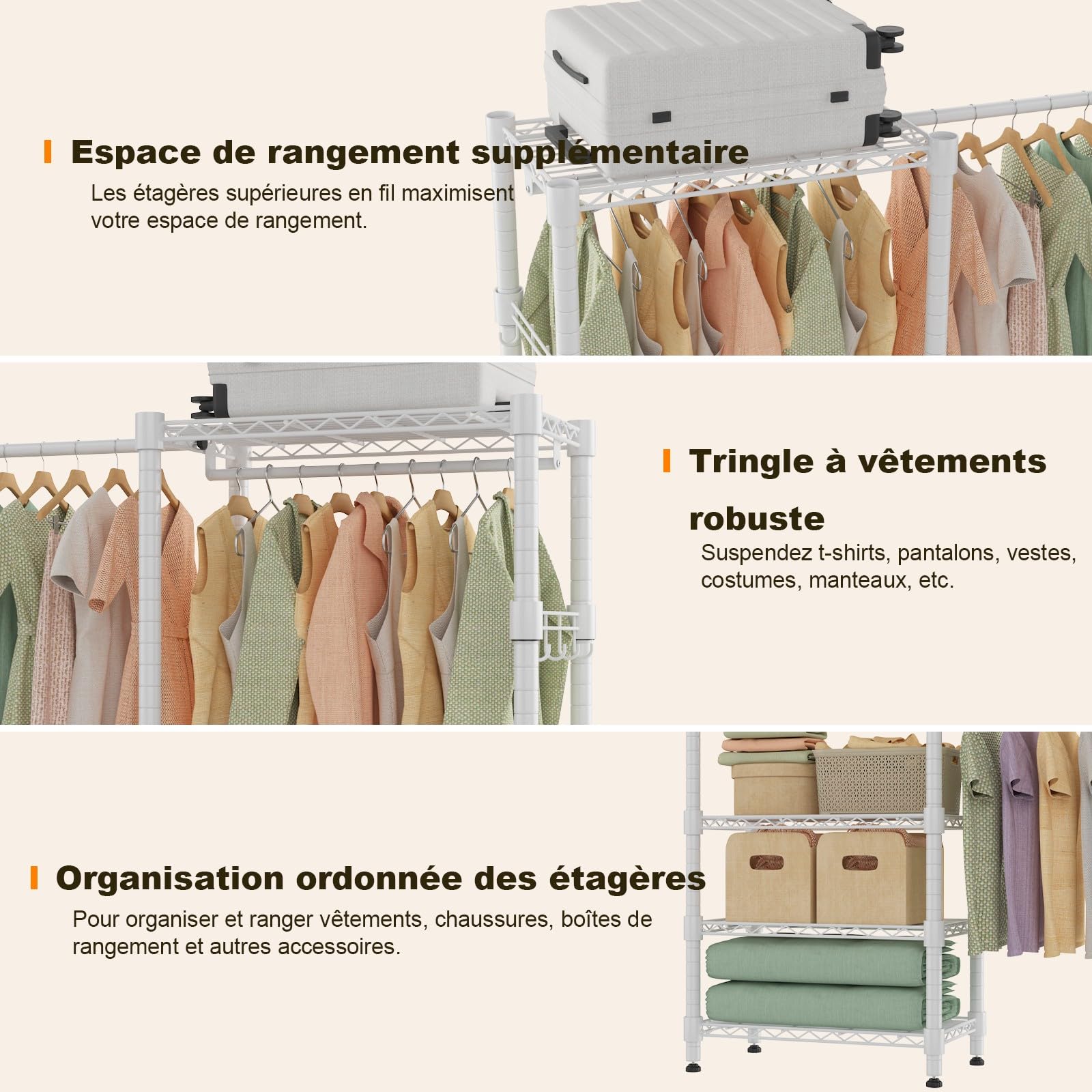 Himimi Portant à Vêtements Télescopique avec 4 Tringles,Penderie Stable Grande Capacité avec 6 Étagères Métalliques et 1 Crochet,Hauteur Réglable,Système de Dressing Ouvert, L(182-240) x H180 cm Blanc