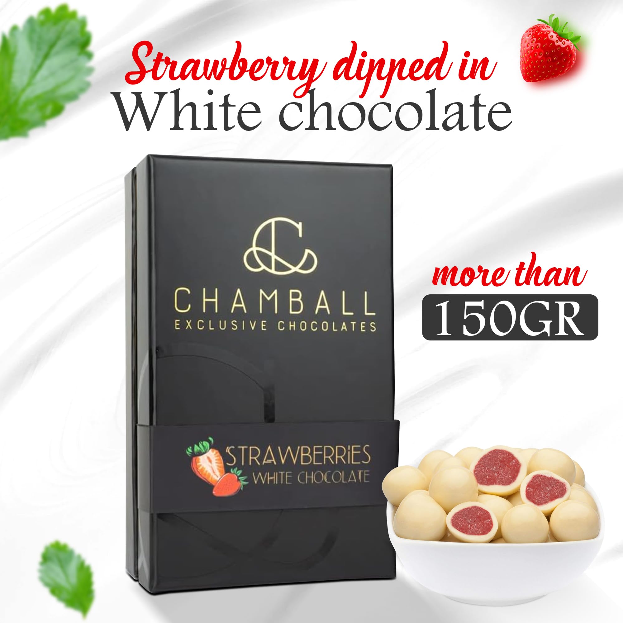 CHAMBALL Bombones Belgas de Fresa Bañados en Chocolate Blanco Belga, Bombones a Granel, inlcluida la Caja bombones para Regalar, Perfecta para dias de Festivos, Cumpleaños, o con un Champagne