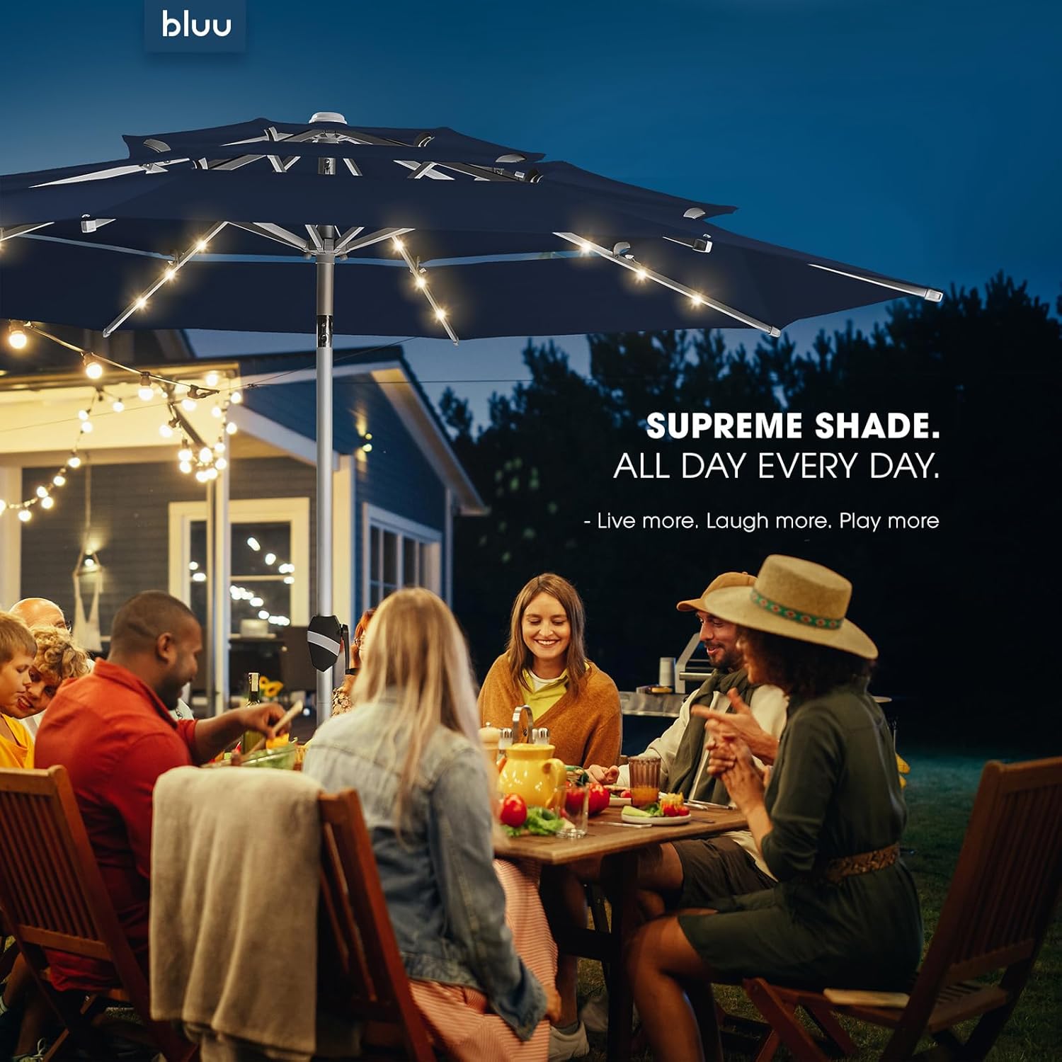 BLUU 9 Ft 3 Tiers Patio Umbrella with Solar LED Lights, 5-YEAR Fade-Resistant Aluminum Outdoor Table Umbrella with Tilt Adjustment and Crank for Pool, Deck, Garden and Lawn, Navy Blue - Image 8