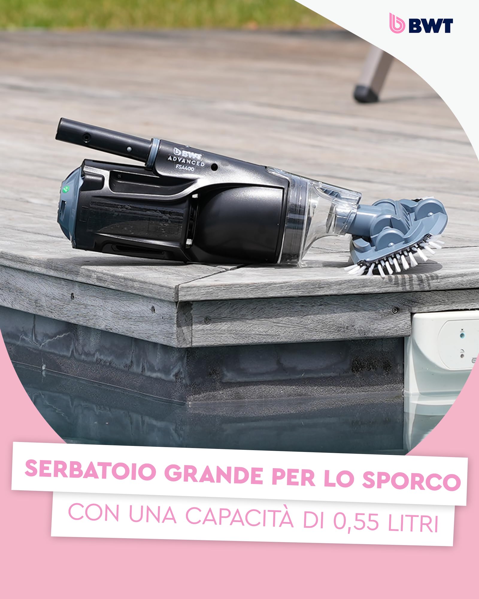 Aspiratore piscina BWT FSA400 senza fili | aspirapolvere potente 30 min | pulisci fondo vasca fuori terra | scopa aspirante per acqua | capacità 0,42 l di piscine fino a 15 m³