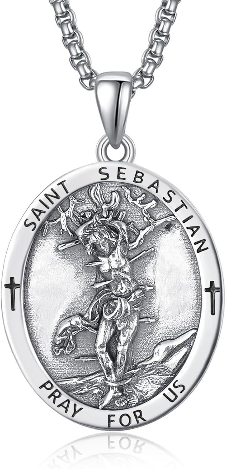 ADMETUS 925 Sterling Silver Patron Saint Necklace | Amulet Necklace Cross Jewelry for Men with 2.5mm 22"+2" Rolo Chain
