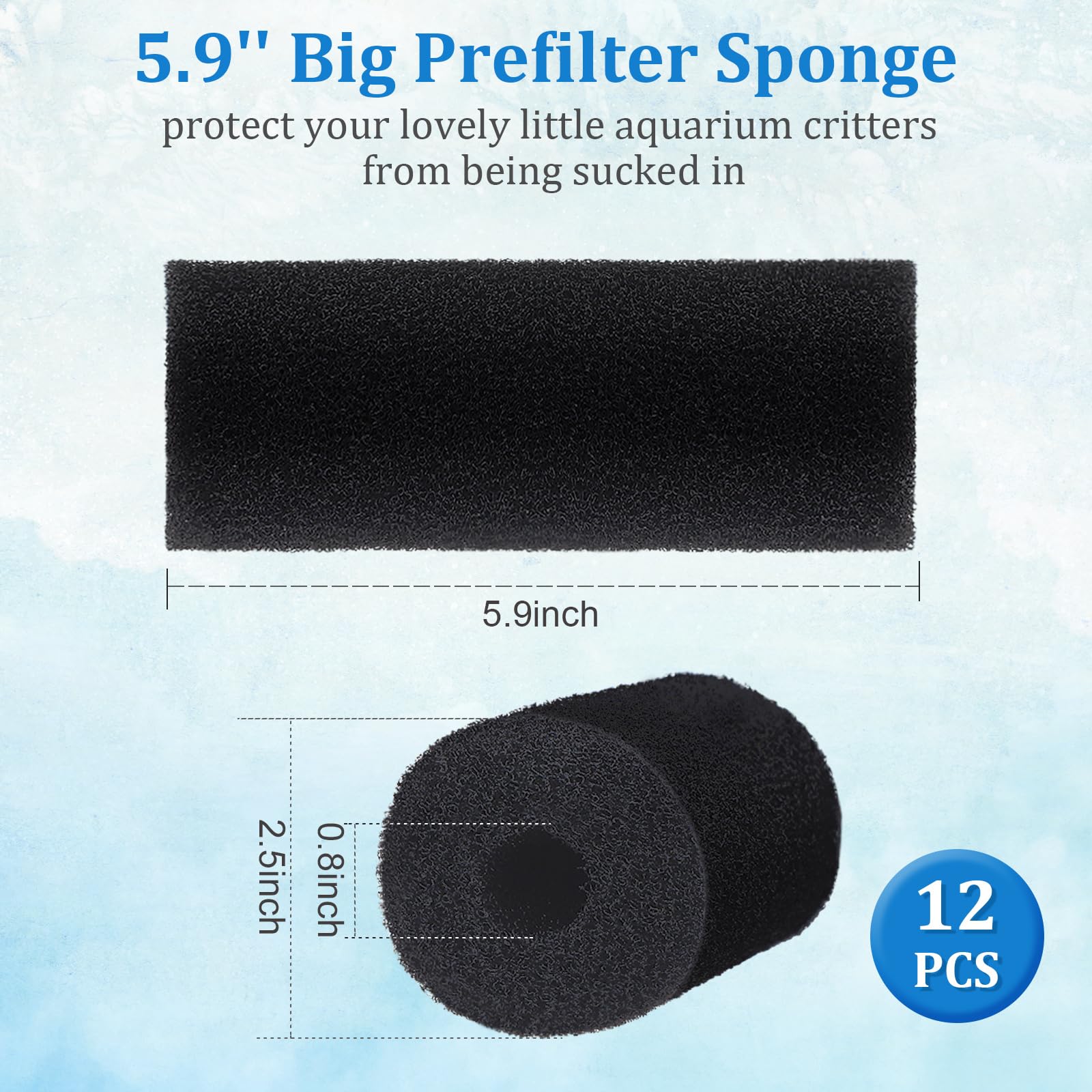 Gulfmew 12 Pack 5.9'' Big Pre-filter Sponge Foam Replacement Filtration Kit for Aquarium 0.8 Intake Shrimp Fry Fish Tank Filter - Image 2