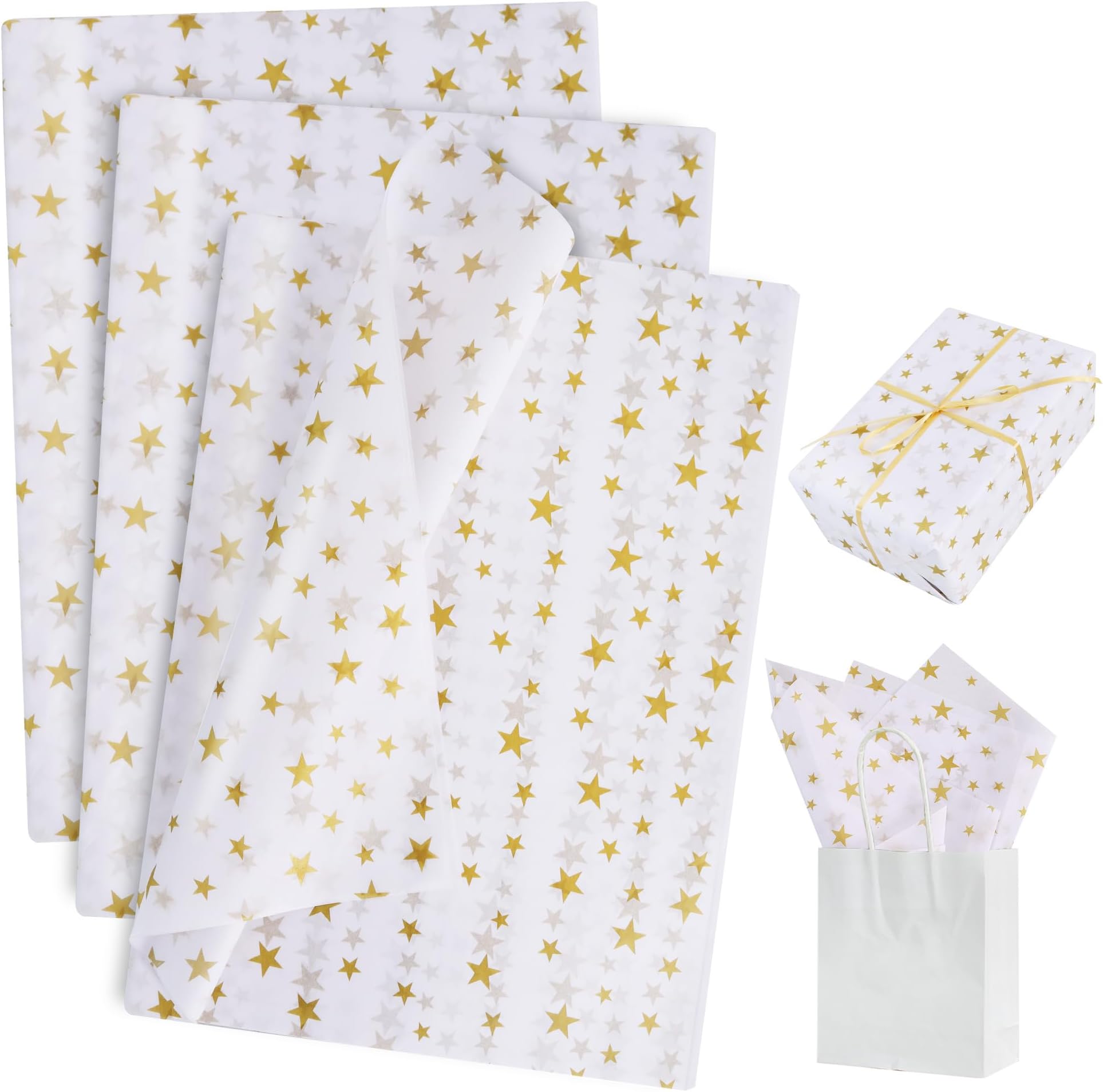 BEISHIDA White and Gold Star Tissue Paper Bulk,Wrapping Tissue Paper for Gift Bags, 14 x 20 Inch Gift Wrap for Christmas Birthday Wedding Graduation DIY Crafts Holiday Flowers-30 Sheets