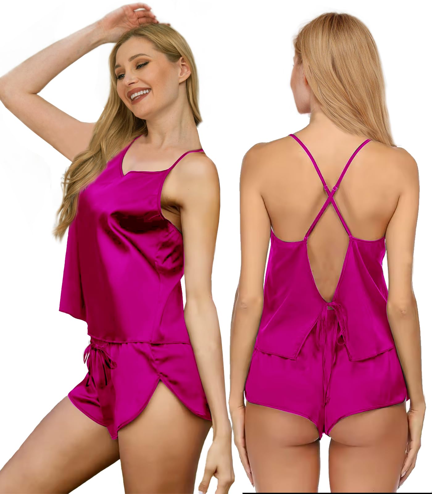 WJing Yi Jia Womens Silk Pajamas Sets S-XXL 2Pcs Sexy Satin Pjs Lingerie Cami Shorts Set Camisole Sleepwear Nightwear