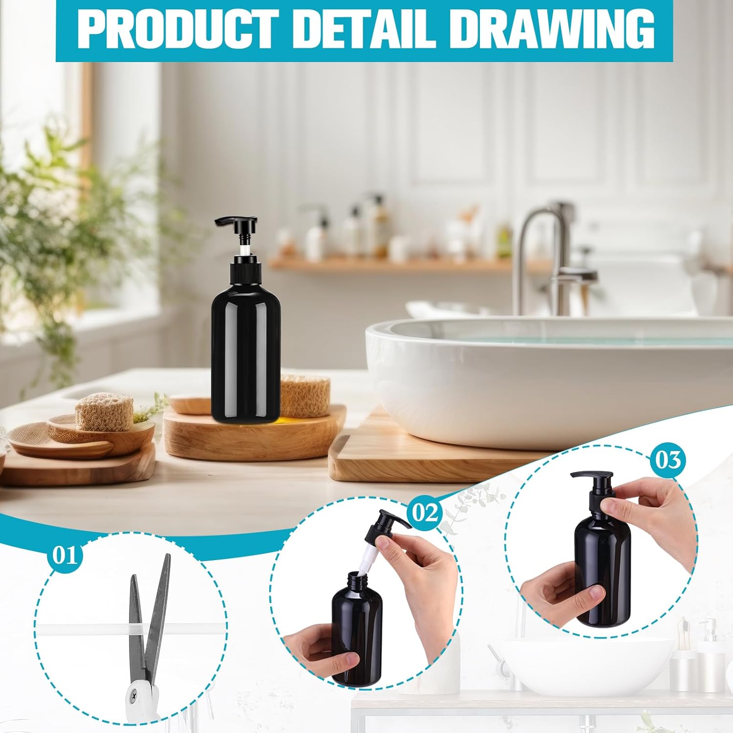 32 Pcs Empty Plastic Pump Bottles 8oz Refillable Lotion Pump Bottle Containers with Dispenser for Shampoo, Conditioner, Face Cream, Massage Oil, Liquid Soap (Black) - Image 4