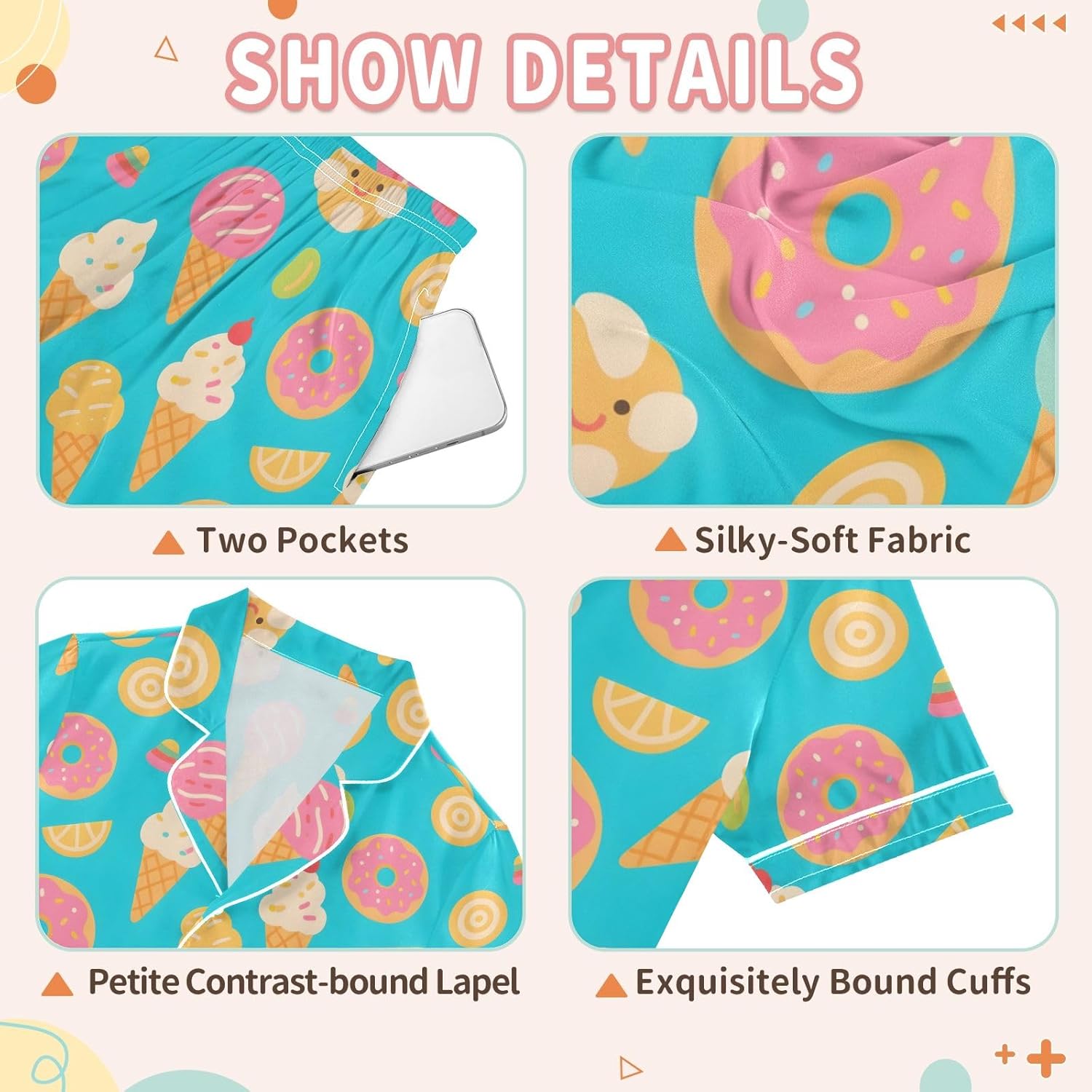 Kids Satin Wear Set Ice Cream Donuts Pattern Relaxed Fit Clothing Short Sleeve and Shorts