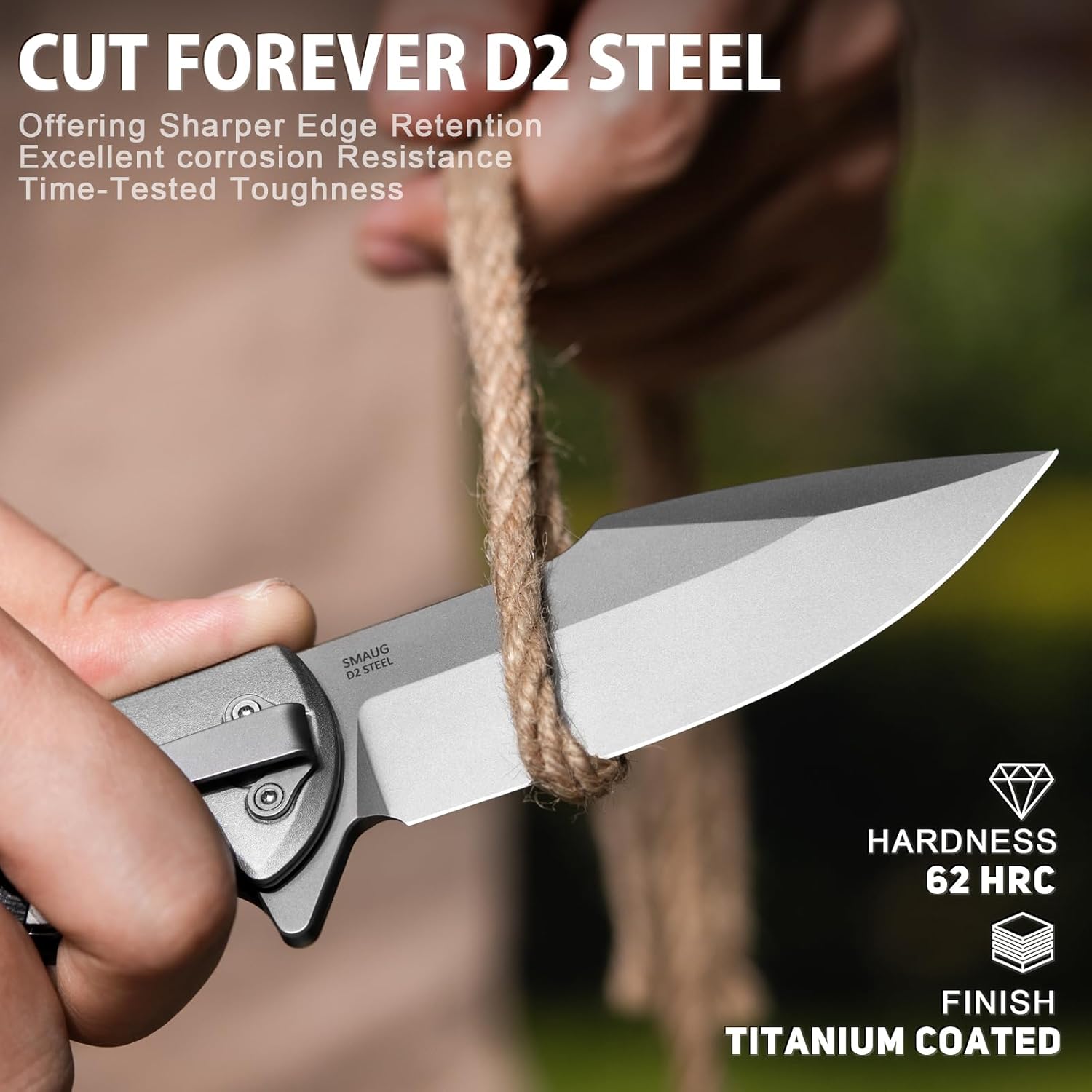 LOTHAR SMAUG Tactical Pocket Knife, 3.7" D2 Steel Blade Pocket Knives for Men, G10 Handle, 3-in-1 Survival Knife with Glass Breaker, Hunting Knife for Camping, Gift for Men Women (GREY)