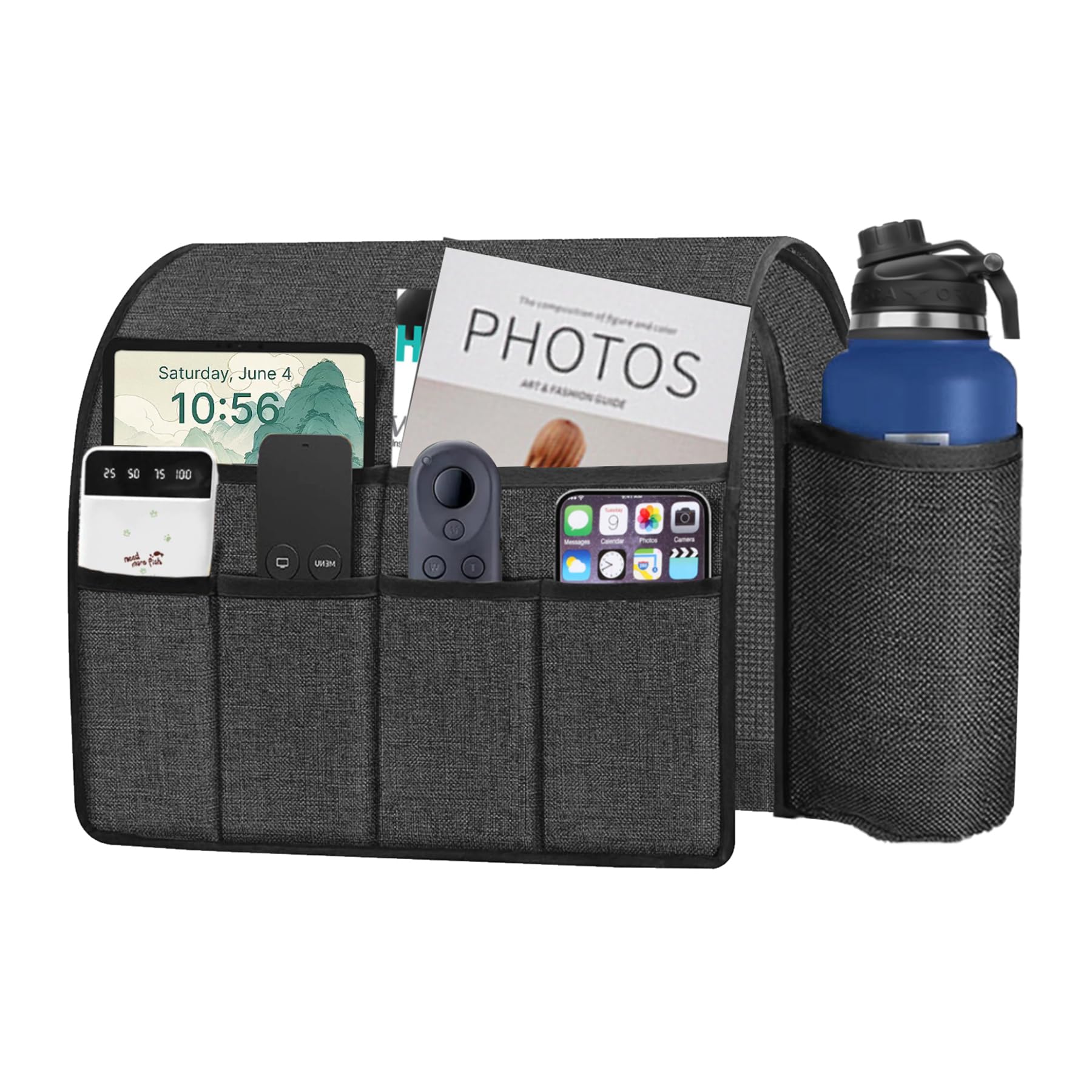 Ntomtuex Sofa Armchair Caddy Remote Control Holder with Water Bottle for Couch Recliner, Armrest Organizer with 7-Pocket Design for Magazines,