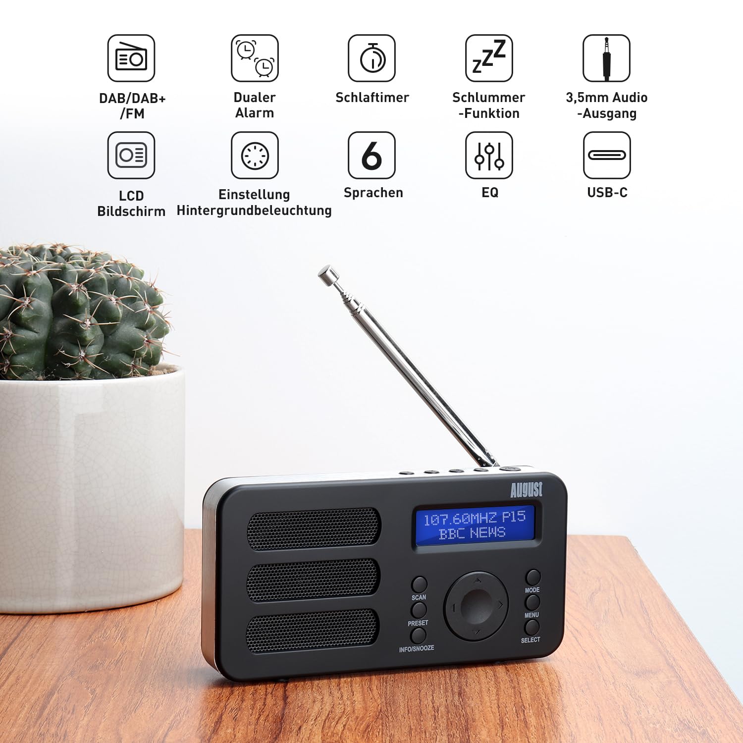 August MB225 Tragbares Radio mit DAB+/DAB/FM - RDS 40 Presets Radiowecker Stereo/Mono Digitalradio mit Sleeptimer Doppelalarm Snooze und wiederaufladbare Batterie Audioanschluss einfach für Senioren