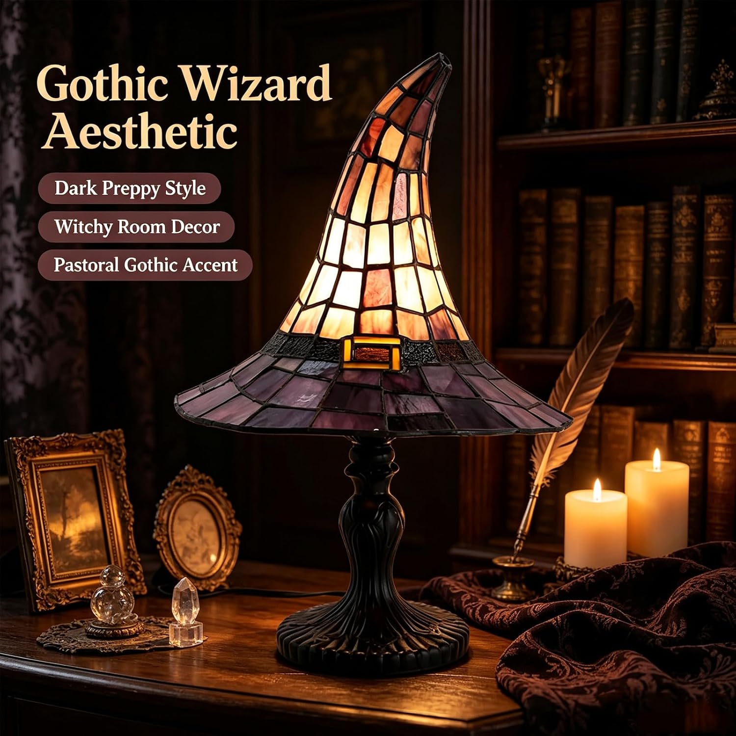 Witch Hat Lamp, Stained Glass Style Witch Hat Lamp, Vintage Halloween Table Decor Night Light, Handcrafted Resin Gothic Wizard Accent Lamp for Bedroom, Bookshelf and Witchy Room Aesthetics image 5