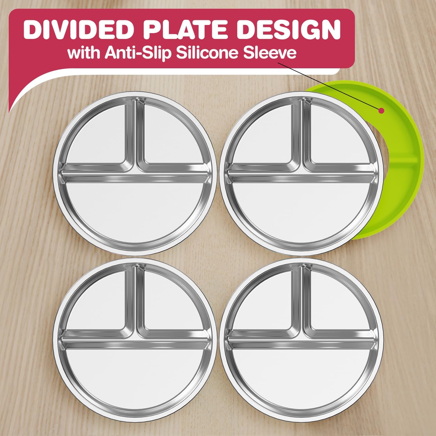 Jayour Kids Stainless Steel Divided Plates with Anti-Slip Silicone Sleeves | Dishwasher Safe | Perfect for Toddlers & Kids - Set of 4
