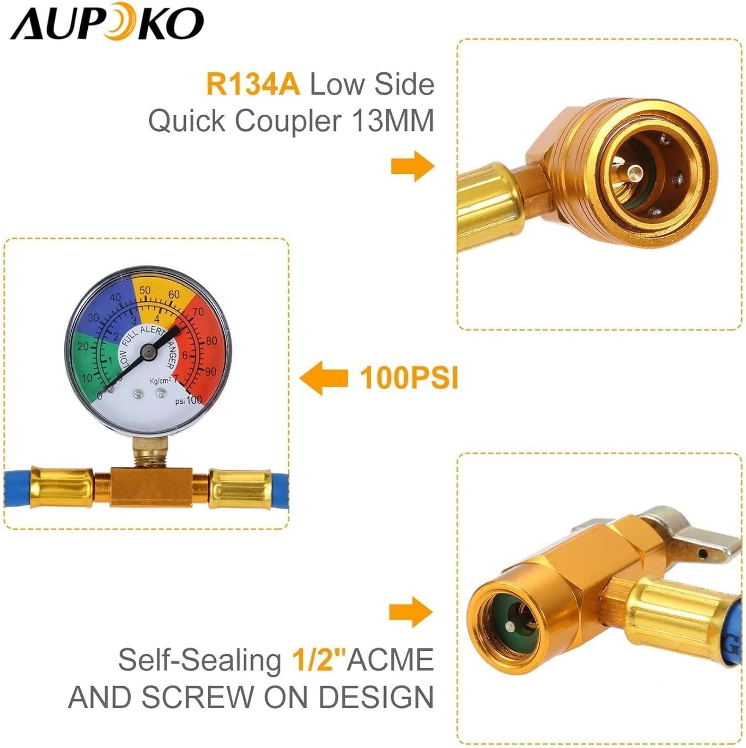 R134A AC Refrigerant Charge Hose Kit, 1/2’’ Self-Sealing Valve Can, and Recharge Hose with Pressure Gauge, Fits for Car AC Air Conditioning Refrigerant