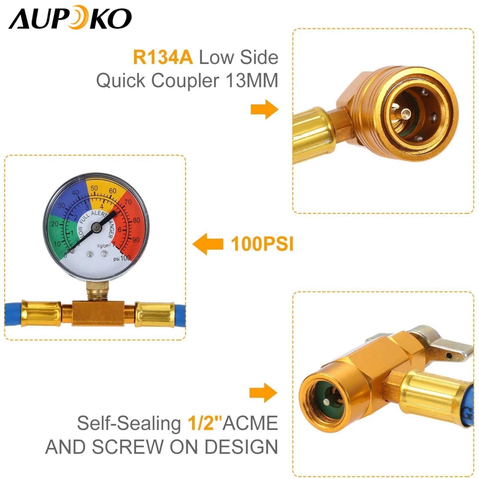 Aupoko R134A - Kit de manguera de carga de refrigerante de CA, lata de válvula autosellante de 1/2 pulgada y manguera de recarga con manómetro, se adapta a refrigerante de aire acondicionado de coche