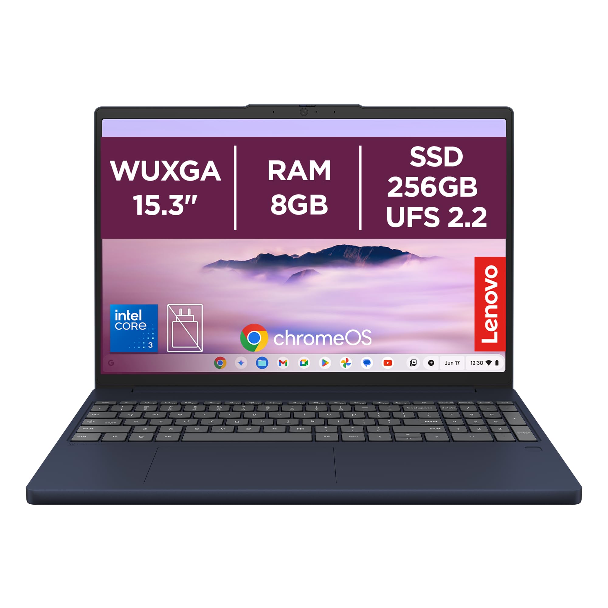 Lenovo Chromebook Plus - Notebook 15.3" IPS, Intel Core 3 N355, 256 GB UFS 2.2, RAM 8 GB, ChromeOS, Cosmic Blue - Laptop Leggero per Studio, Streaming e Uso Quotidiano - Caricatore non incluso