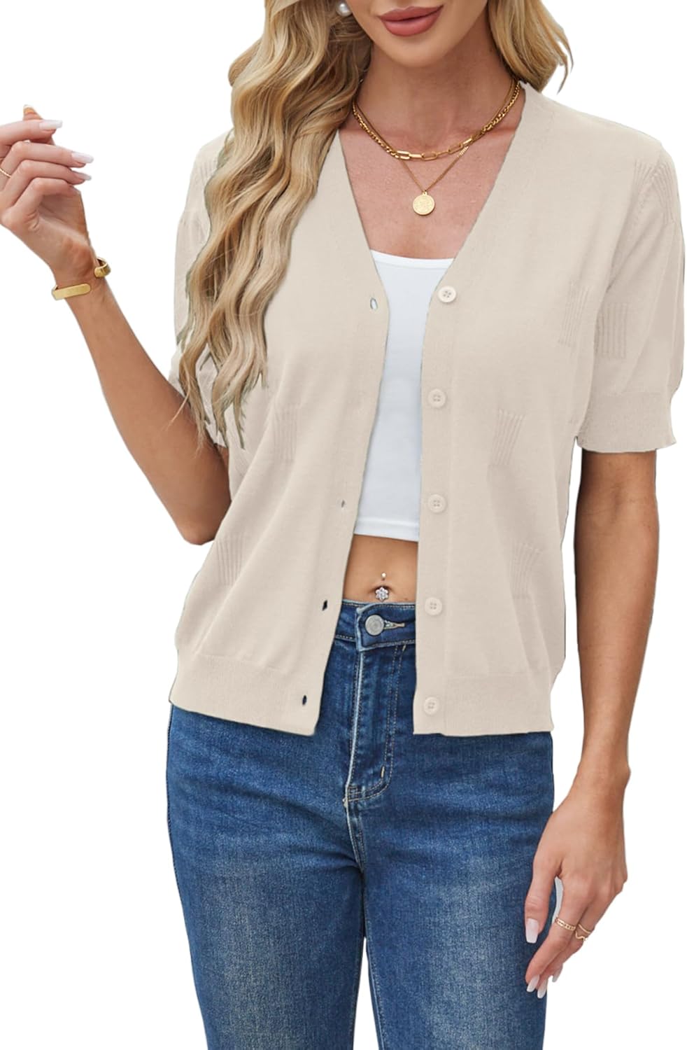 Yekaty Short Sleeve Cardigans for Women Lightweight Summer Sweaters Cropped V Neck Button Bolero Sweater