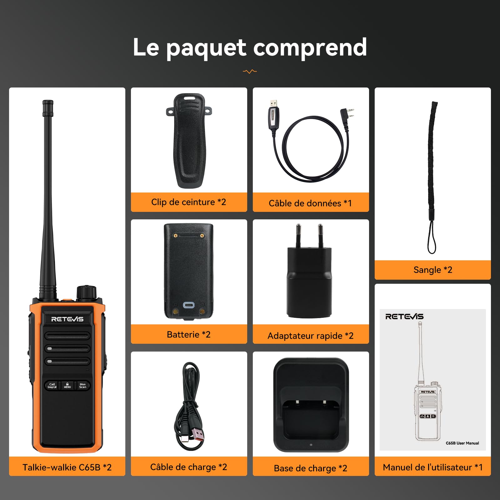 Retevis C65B IP67 Wodoodporne Walkie Talkie, Profesjonalne Dwukierunkowe Radio dla Dorosłych, Duży Zasięg, Wytrzymałe, Alarm Awaryjny do Ratownictwa na Zewnątrz, Budownictwo (2 Opakowania)