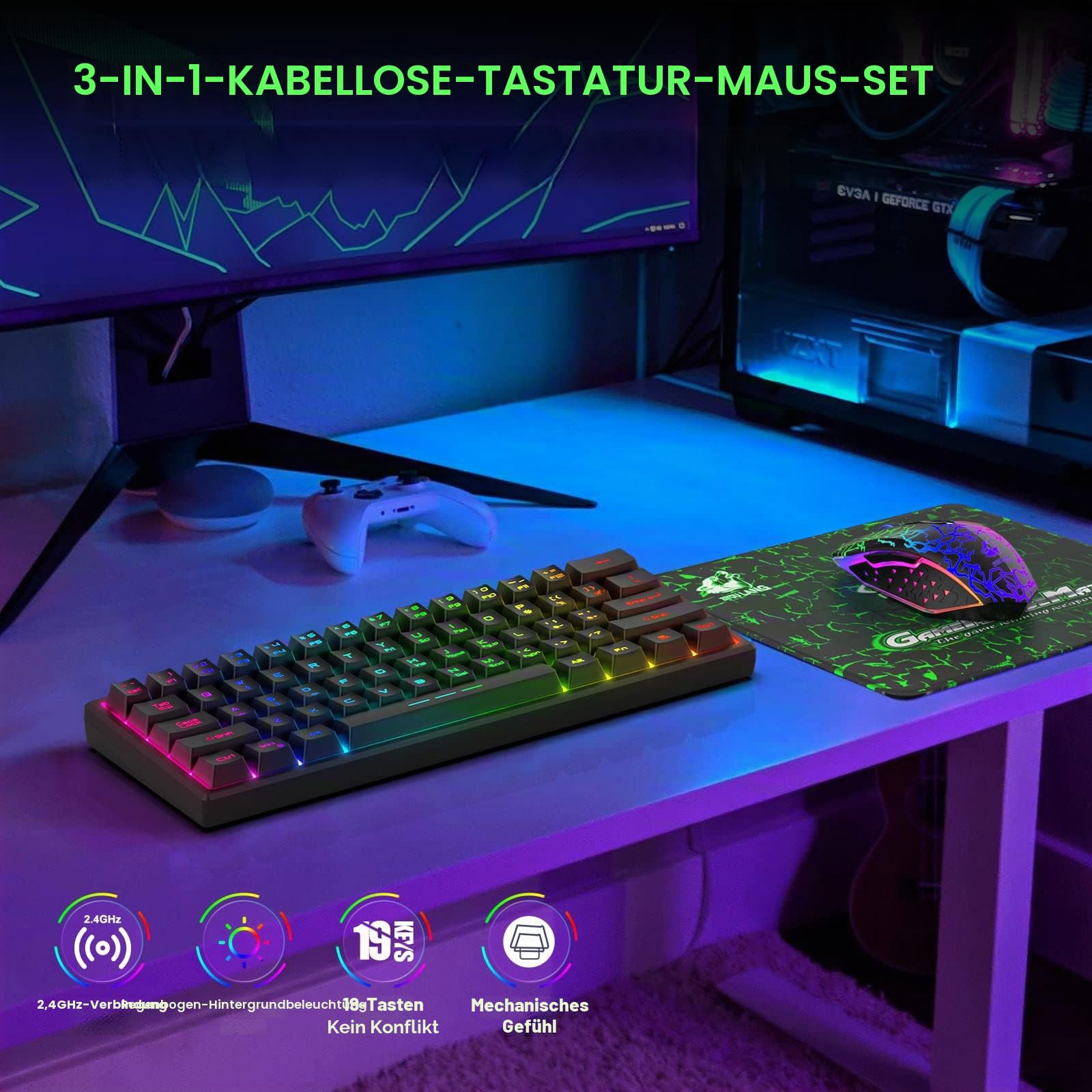 60% Kabellos Gaming Tastatur und Maus Combo Set 2,4 GHz Wiederaufladbare 3800 mAh Leise 61 Tasten Kompakttastatur mit Rainbow LED Hintergrundbeleuchtung + 2400 DPI 6 Tasten Rainbow LED Maus(Schwarz)