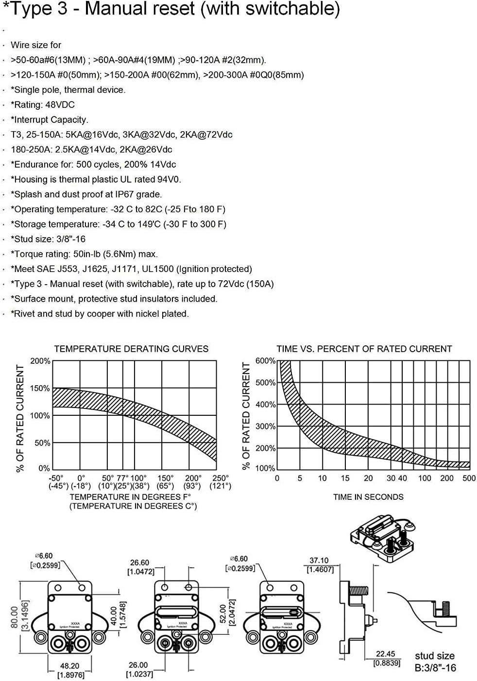 Cllena 50 Amp Circuit Breaker 12V-48V DC with Manual Reset and Disconnect Button for Car Truck Rv Motorhome Marine Automotive Audio Stereo System Trolling Motor Winch etc.