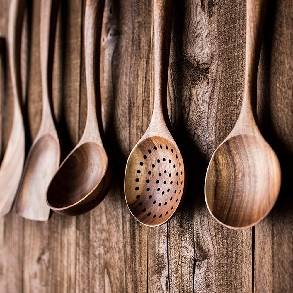Utensilios de cocina de teca, espátula de madera, utensilios de cocina antiadherentes, utensilios de cocina naturales, herramienta de cubiertos hechos a mano (marrón) 7