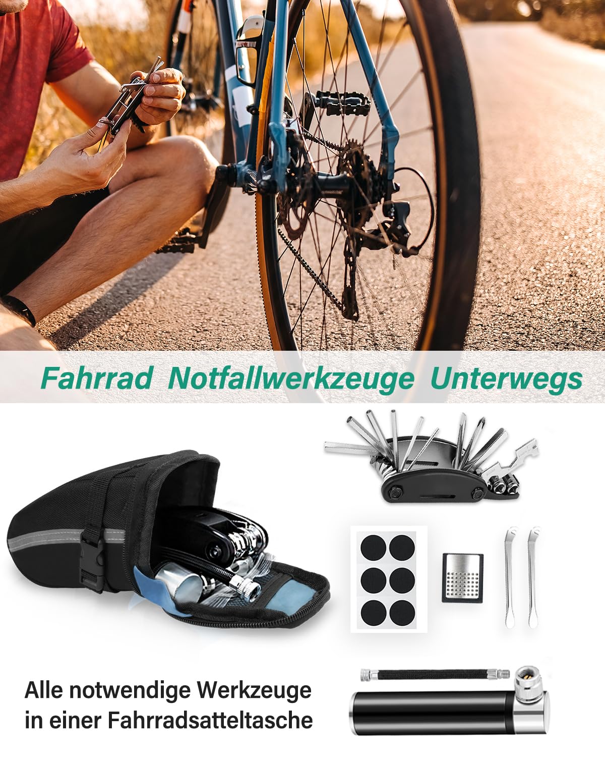 HAZENS Fahrrad Reparatur Werkzeug Set 16 in 1, Faltbares Multifunktionswerkzeug MTB Reifenflickwerkzeug Set mit Satteltasche
