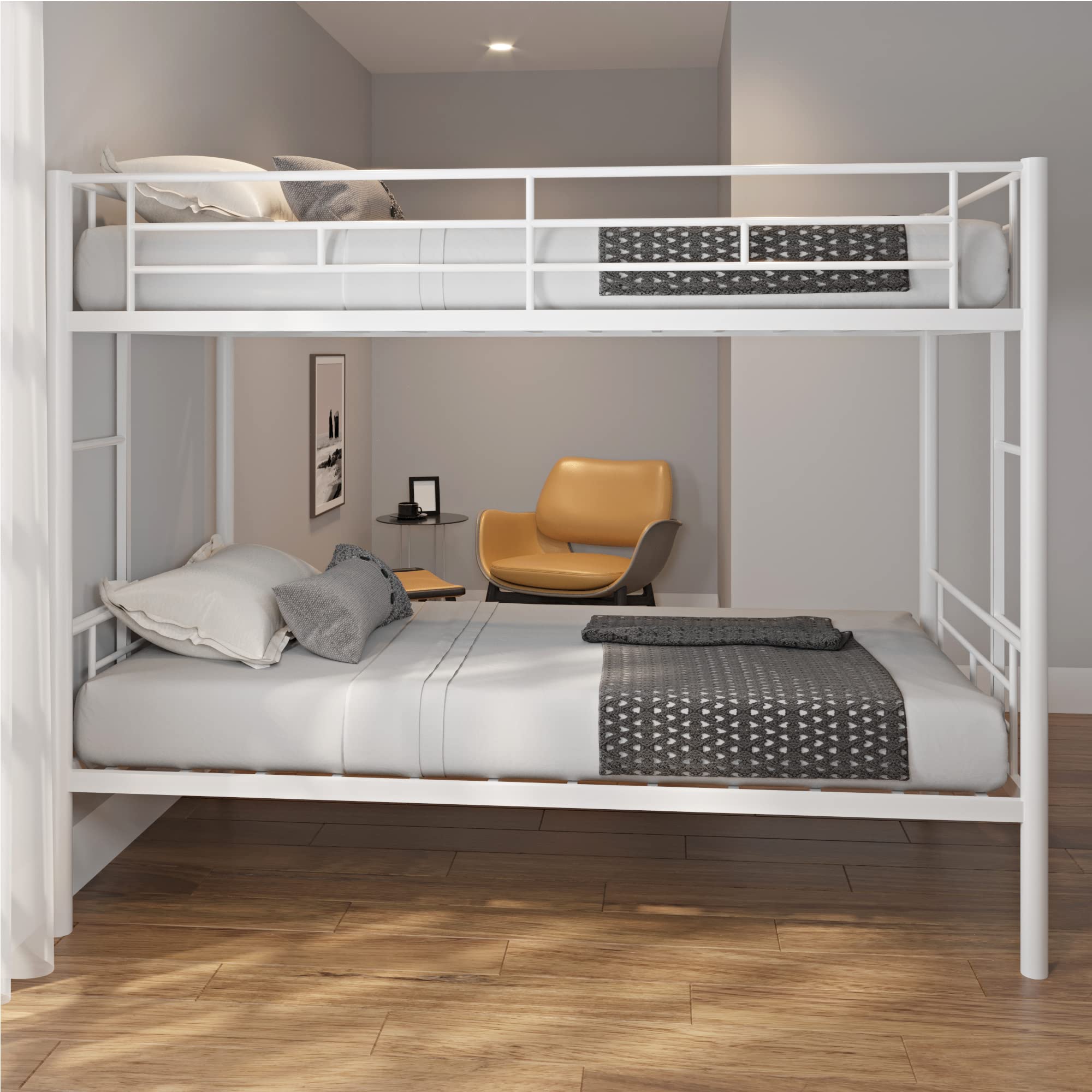 Tensun Twin Over Twin Metal Bunk Bed Frame with Safety Guard Rail and Ladder, Space-Saving, No Box Spring Needed, Noise Free (White)