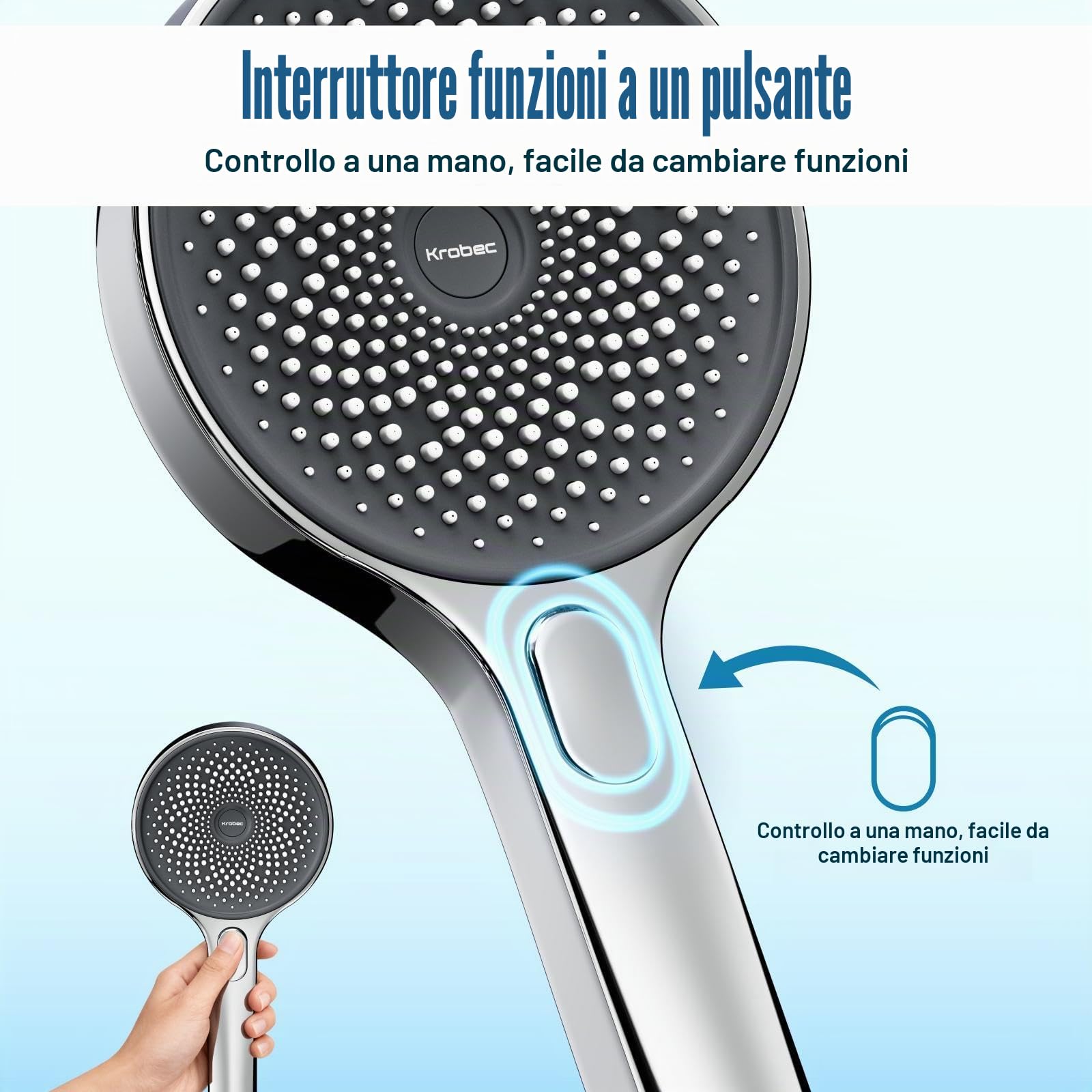 Krobec Soffione doccia 130 mm 3 modalità doccia estraibile risparmio idrico EasyClean cromato