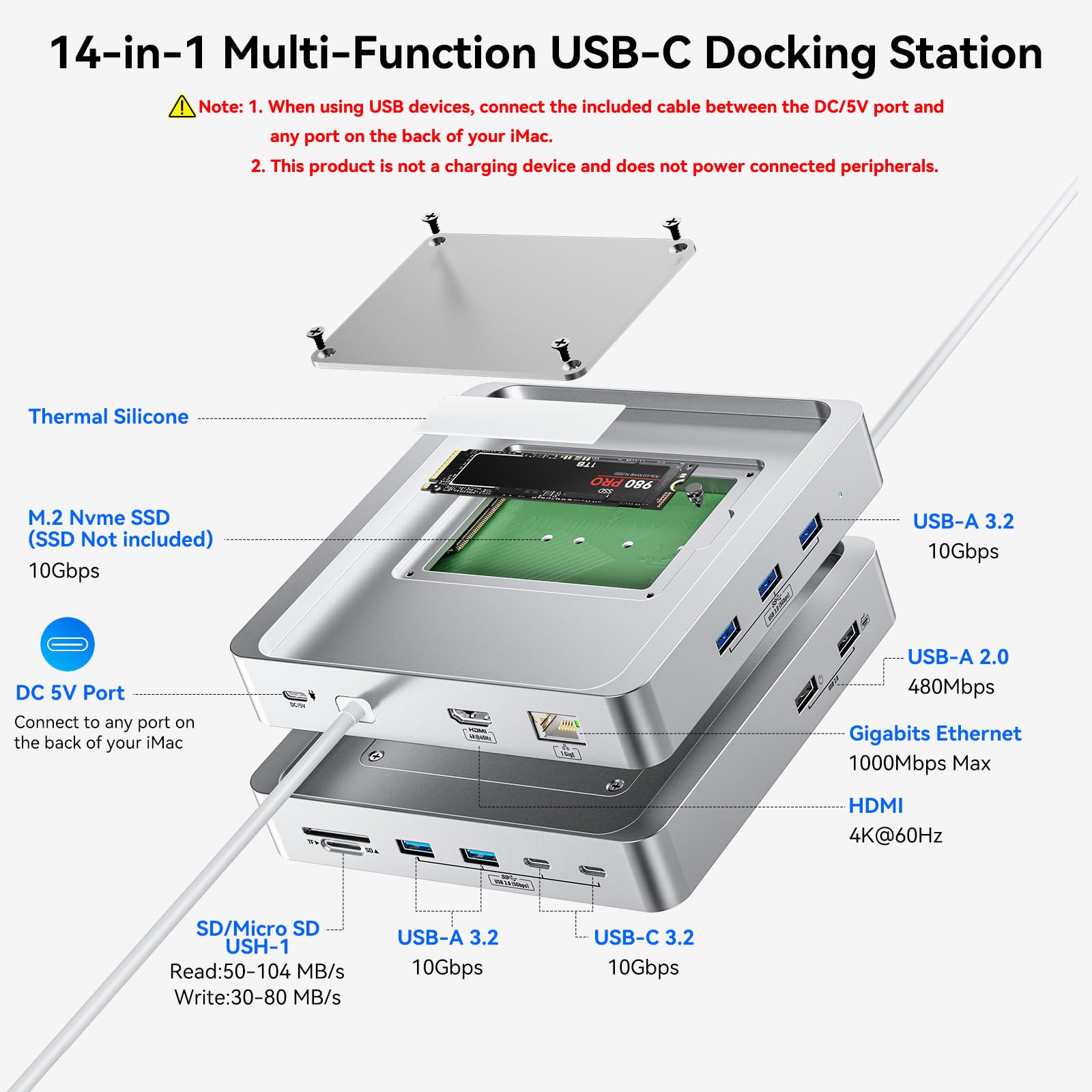 Docking station USB C a 13 porte per iMac 24" 2021/2023, 5 porte USB-A e 2 porte USB-C 3.0 con 5 Gbps, HDMI 4K@60Hz, Ethernet 1Gbps, DC 5V, slot per schede SD/TF, hub USB iMac M1/M3 con alloggiamento