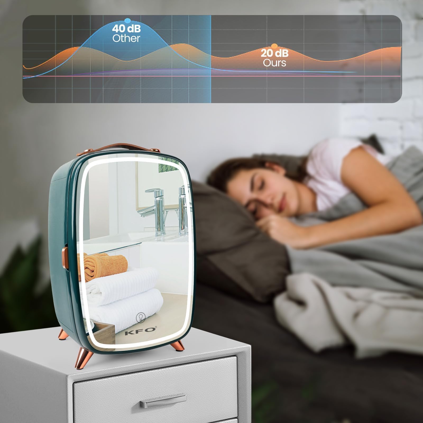 KFO draagbare spiegel beauty koelkast met LED verlichting, 6 liter draagbare mini koelkast, 4 liter /6 blikjes met 3 LED spiegel verlichting modes voor cosmetische