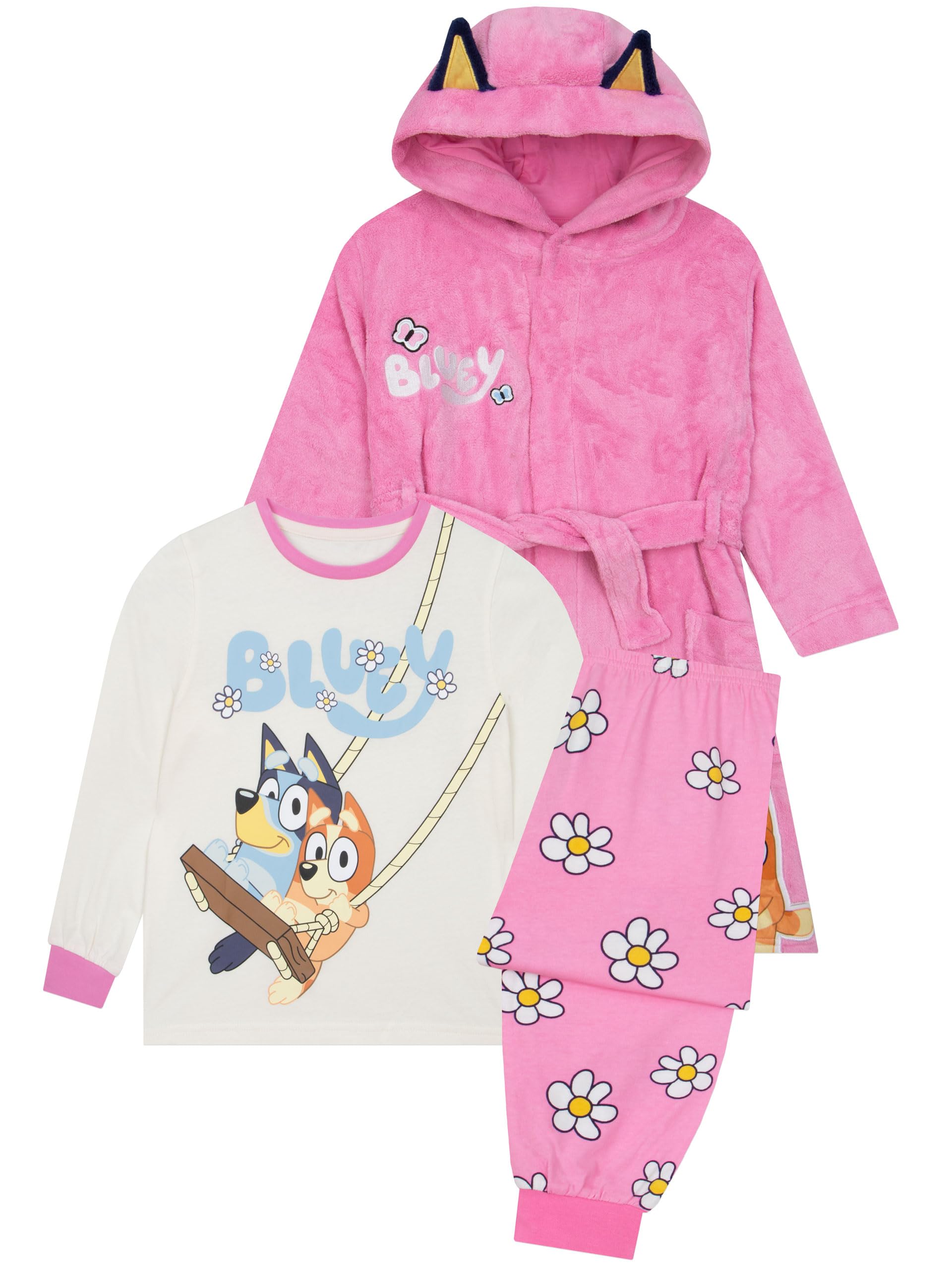 Bluey Girls Pyjamas And Dressing Gown 3 Piece Set | 3D Ears On Hood, Cosy Fleece Dressing Gown, 100% Cotton Pyjamas, Girls' Pyjama Sets, Bluey & Bingo Gifts For Girls